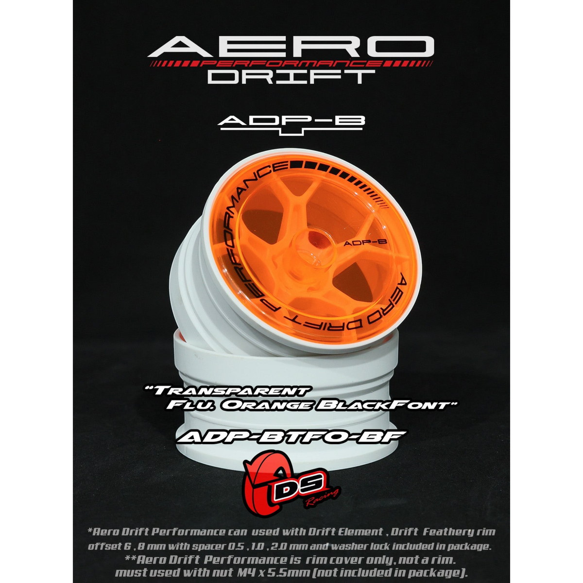 Couvercle Aero Performance Drift plat orange fluo pour roues Drift Element, marque DS Racing, design aérodynamique et coloré.