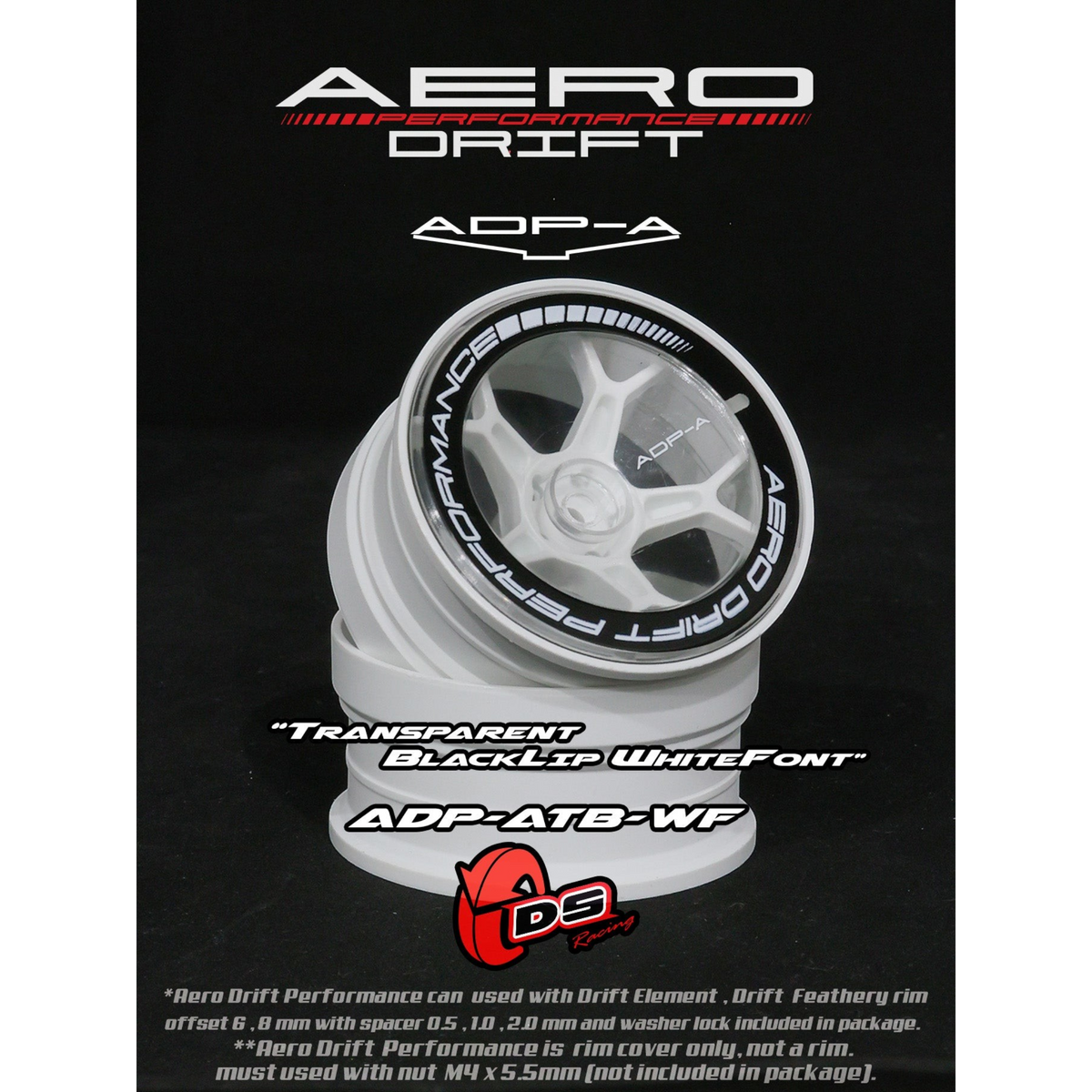 Couvercle Aero Performance Drift DS Racing, transparent et noir, pour roues Drift Element, design incliné et aérodynamique.