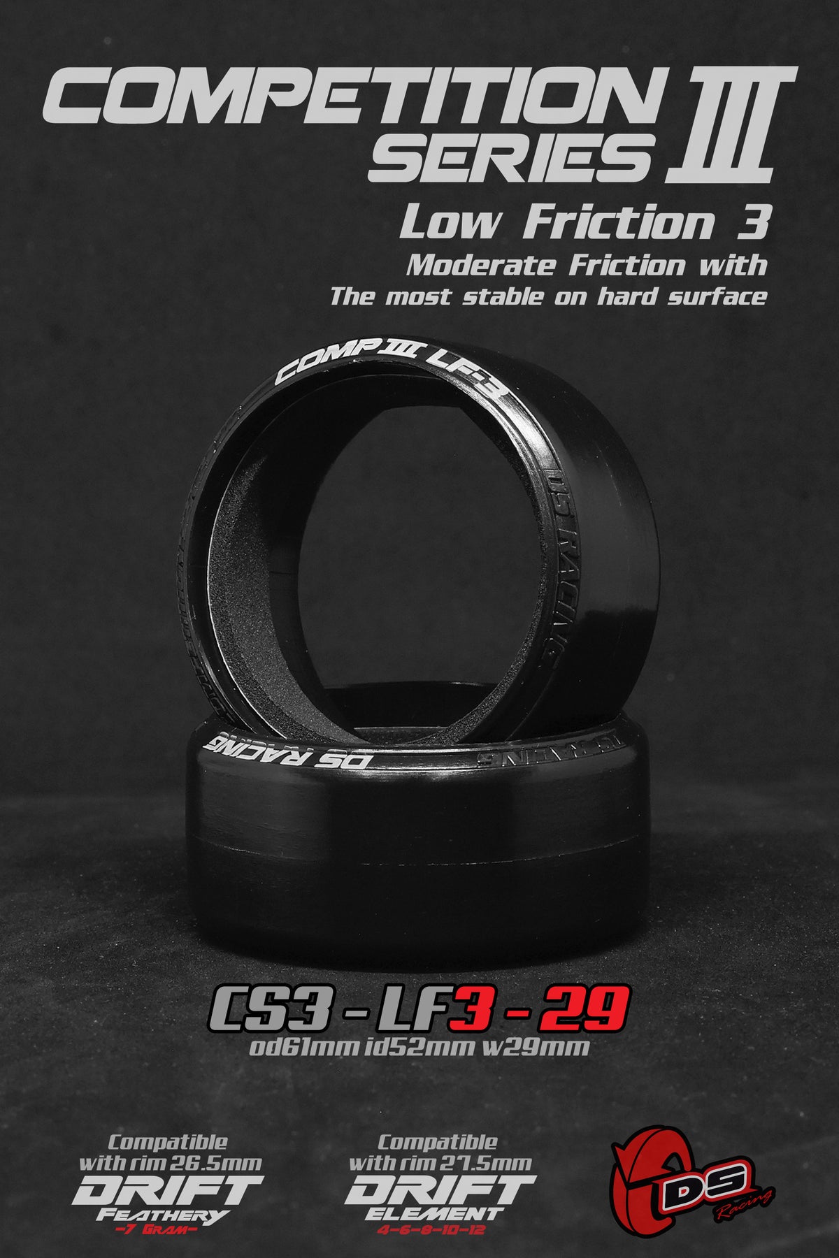 Roues DS Racing CS3-LF3 Série 3, 4 pièces, largeur 29 mm, pour compétition, image montrant le détail des roues.