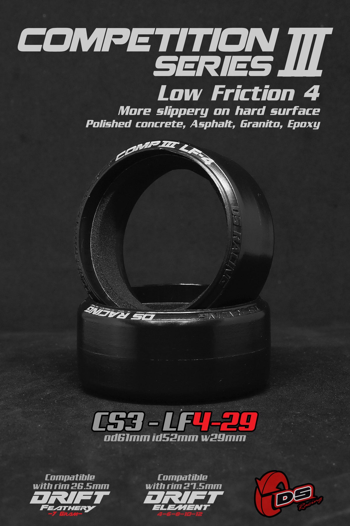 Roues DS Racing CS3-LF4 série compétition 3, 4 pièces, largeur 29mm, pour voiture de course, image montrant les roues en détail.