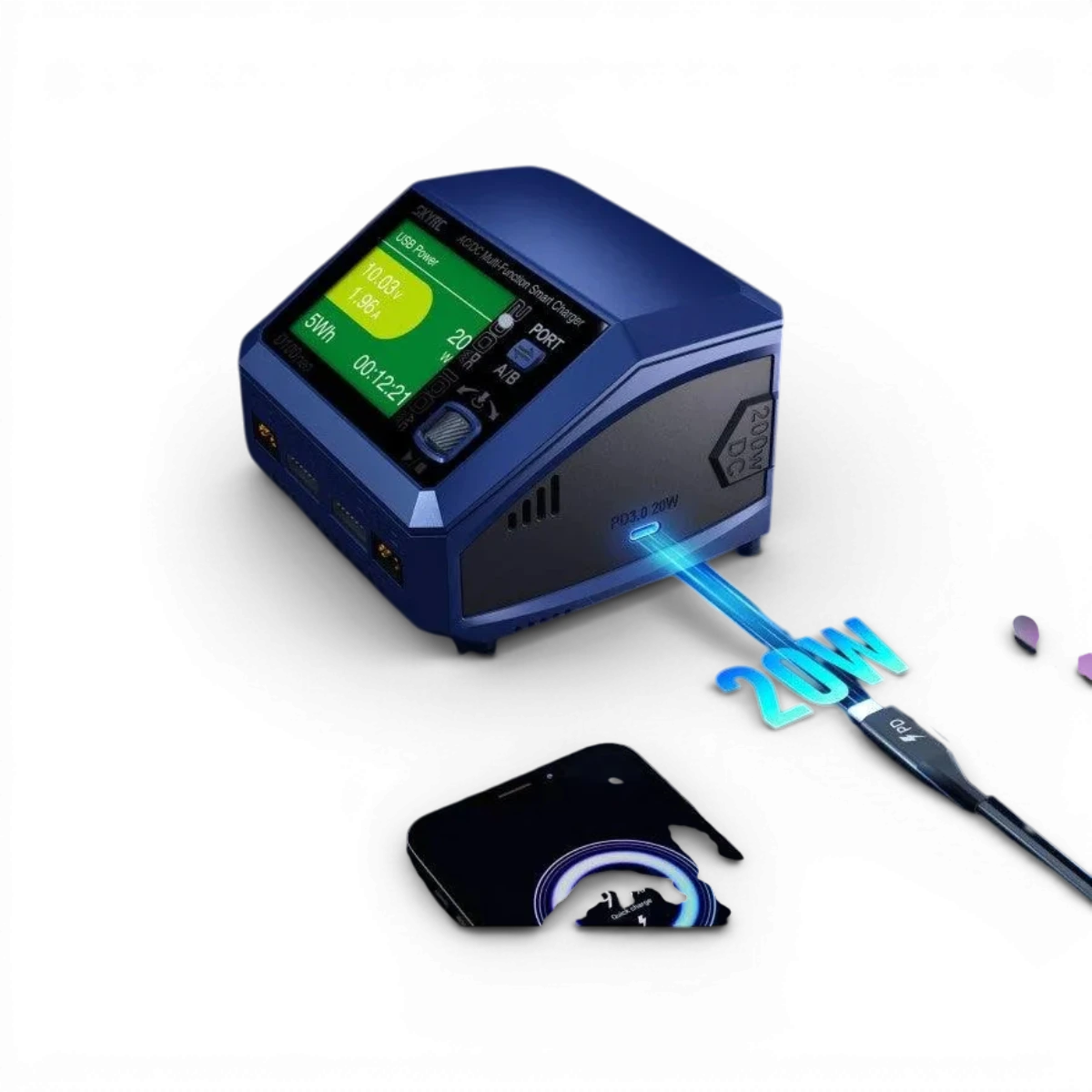 Chargeur électronique SkyRc D100 Neo Duo AC/DC avec sortie totale de 100W AC et deux ports DC de 100W chacun.