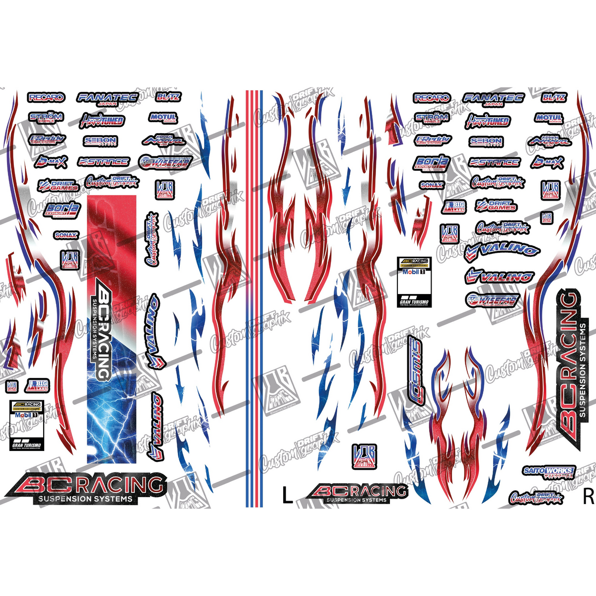 Décoration autocollante BC Racing avec flammes rouges et bleues, design complet pour personnaliser votre véhicule Inkmotion.