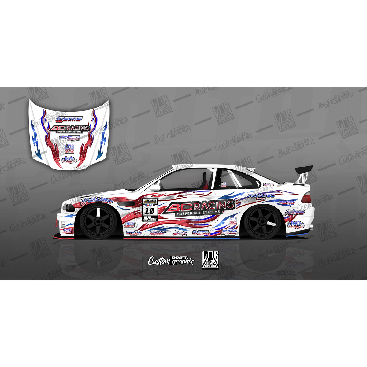 Décoration complète autocollante BC Racing avec flammes rouges et bleues, design dynamique pour personnaliser votre véhicule Inkmotion.