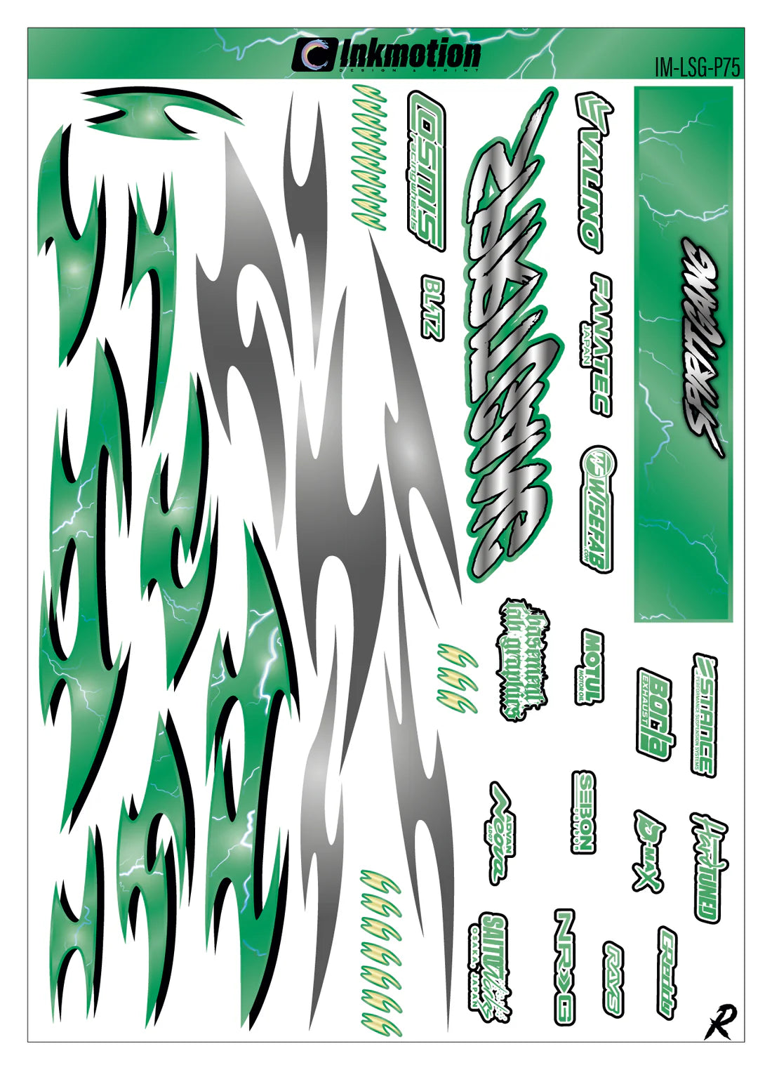 Décoration complète autocollante Spirit Gang Lightning Storm verte d'Inkmotion avec motifs de foudre et design coloré pour mur ou voiture.