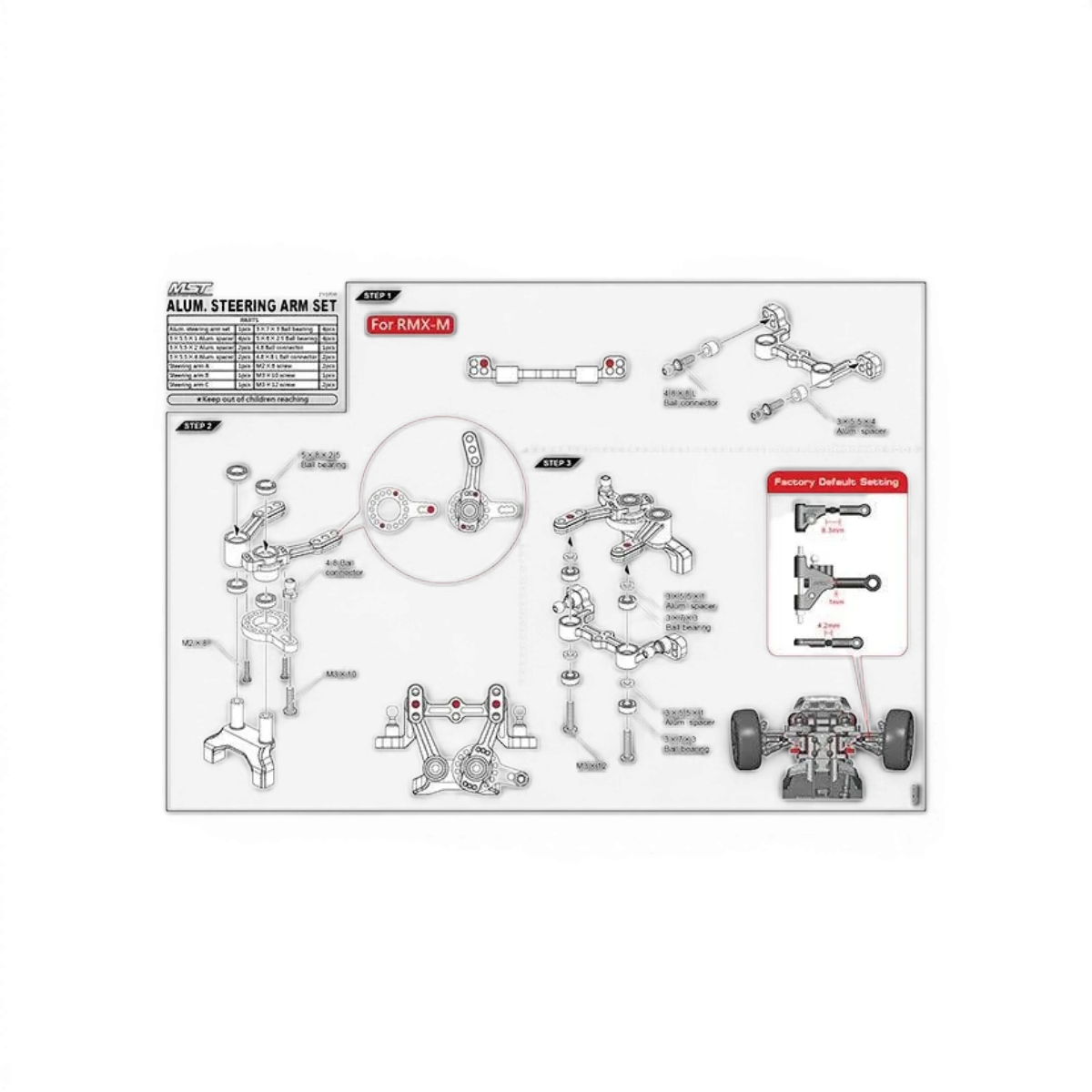 Direction en aluminium pour RMX 2.5/M/2.0 et RRX/FMX 2.0, pièce détachée légère et résistante, marque Max Speed Technology.