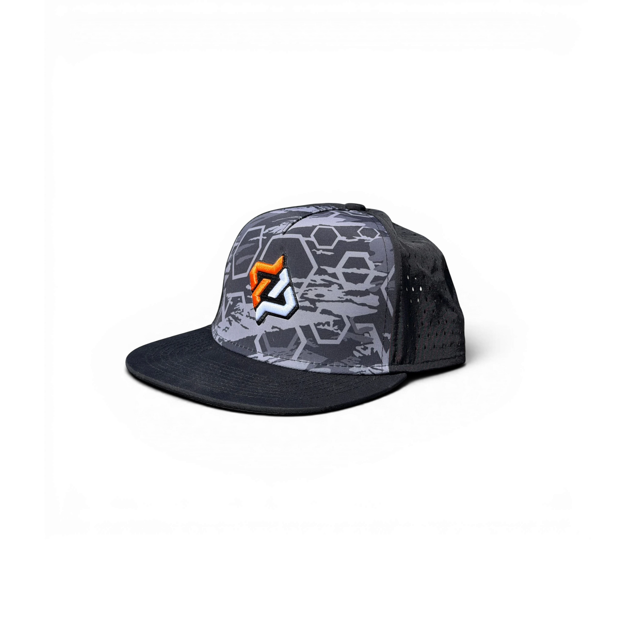 Casquette snapback DriftParadiZ grise à motif hexagonal avec logo brodé orange et blanc, réglable