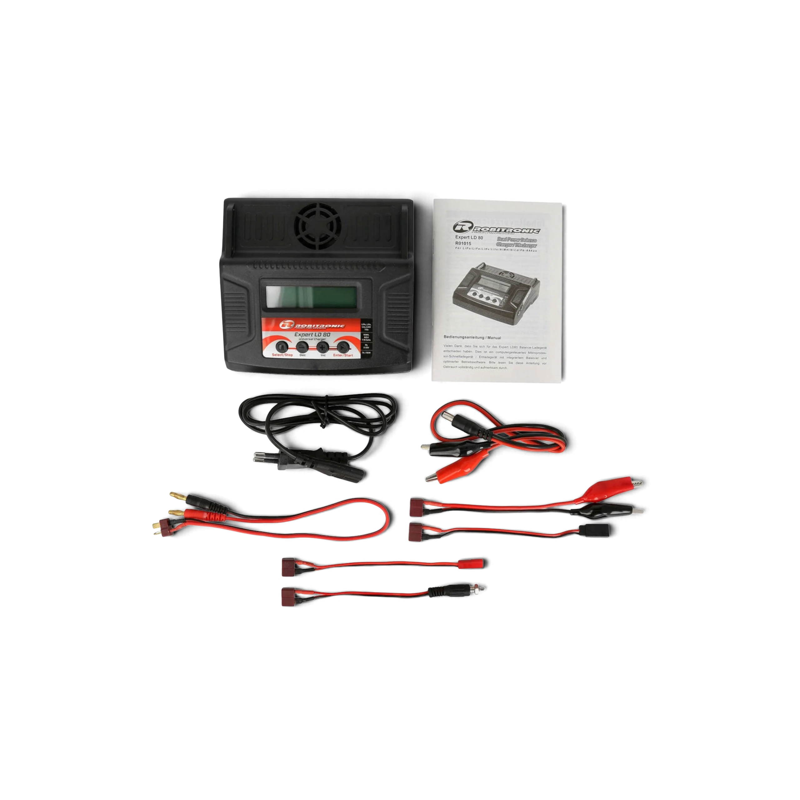 Chargeur multifonction Robitronic Expert LD 80 V2 avec câbles et manuel, vendu par DriftParadiZ