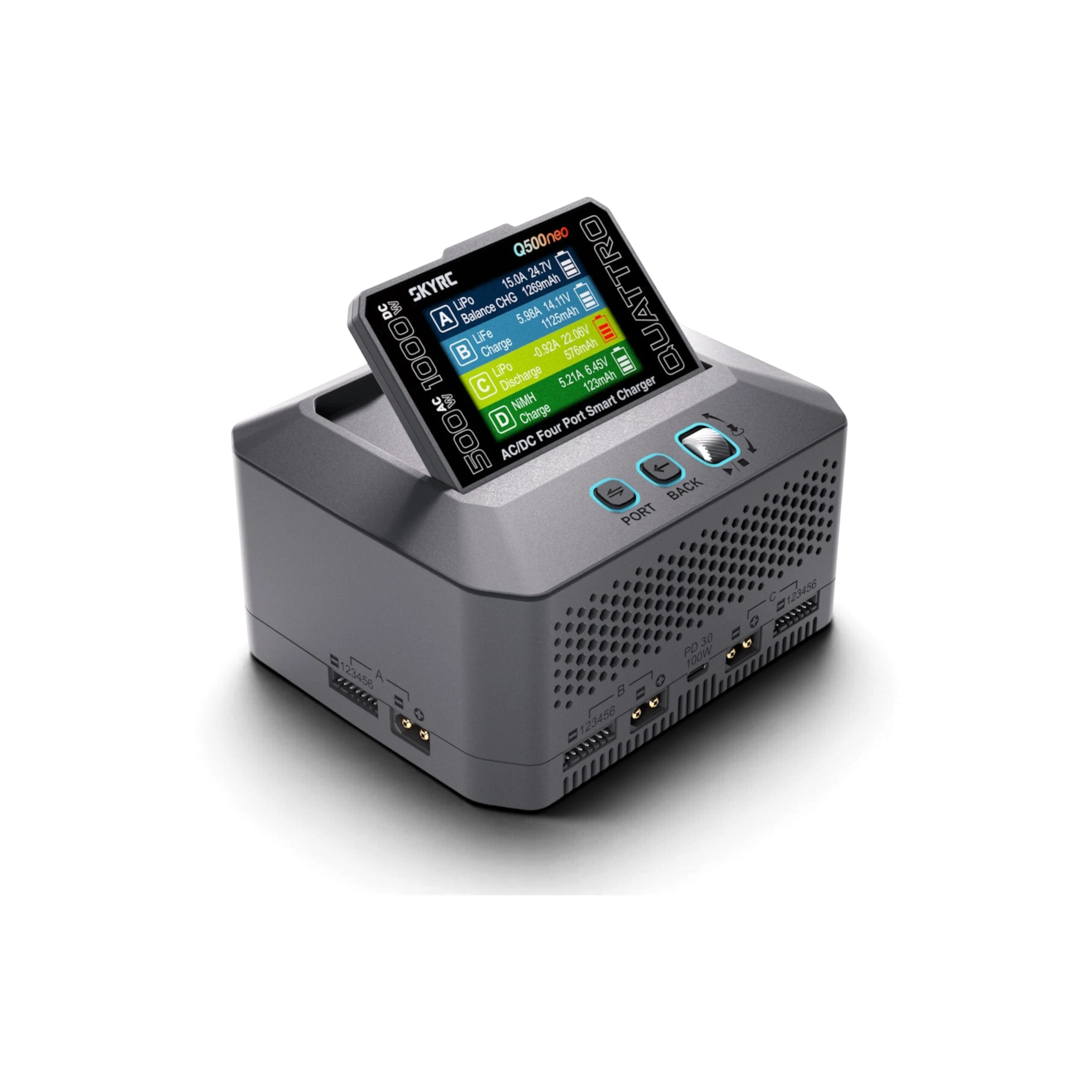 Chargeur intelligent SkyRC Q500 Neo 4 canaux avec écran inclinable ColorX chez DriftParadiZ