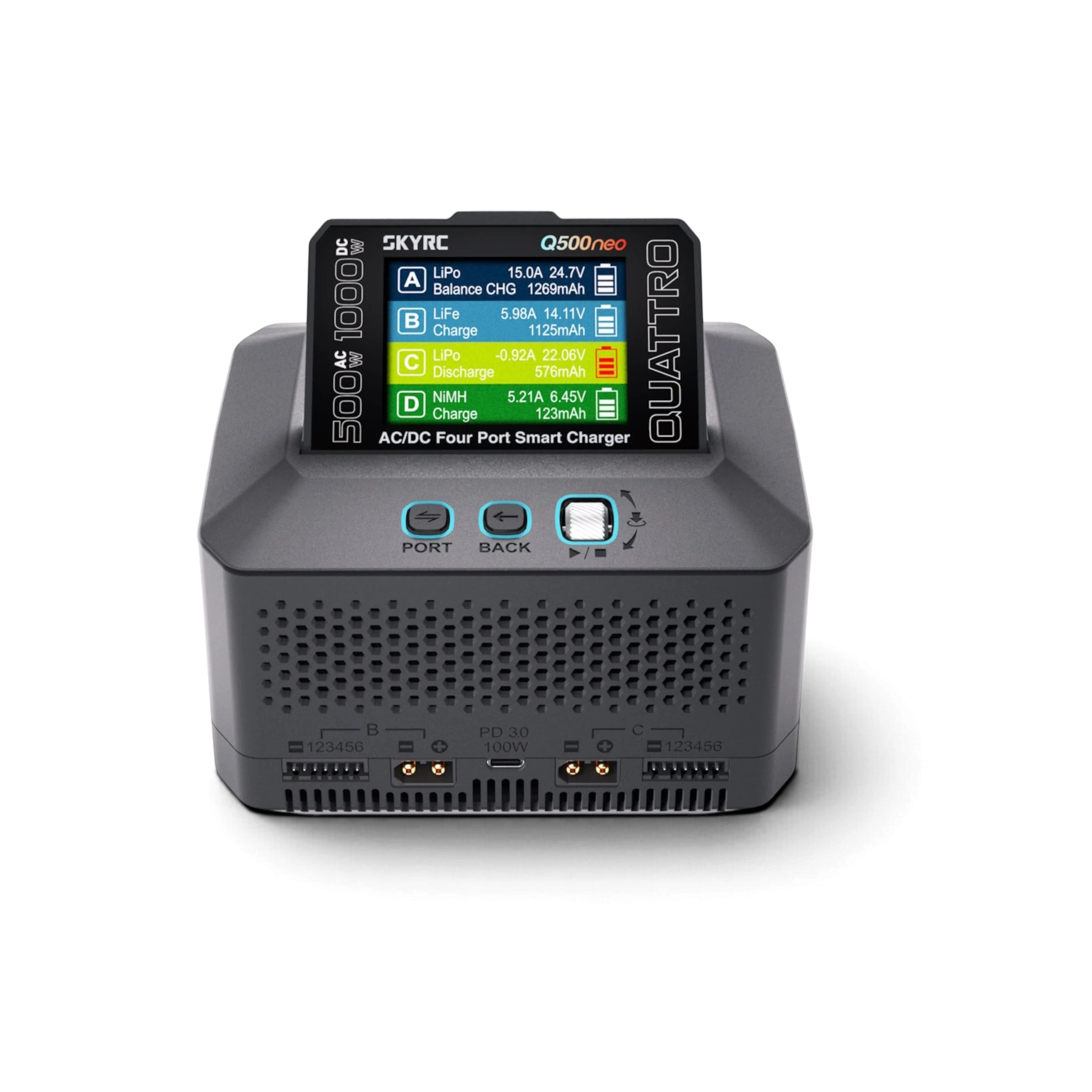 Chargeur intelligent SkyRC Q500 Neo 4 canaux chez DriftParadiZ avec écran couleur inclinable et ports de charge