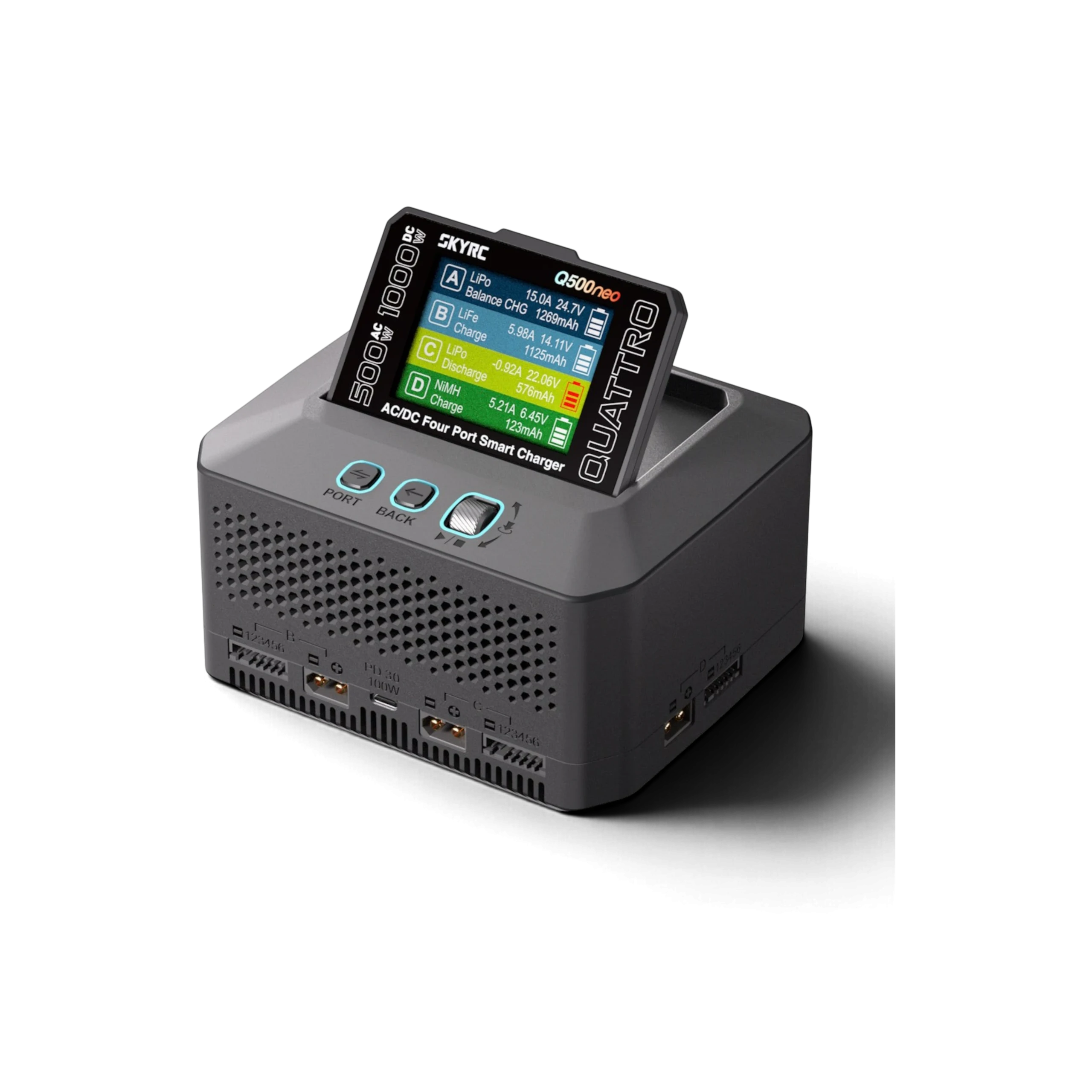 Chargeur intelligent SkyRC Q500 Neo DriftParadiZ avec 4 canaux, écran inclinable ColorX et ports de charge USB-C 100W