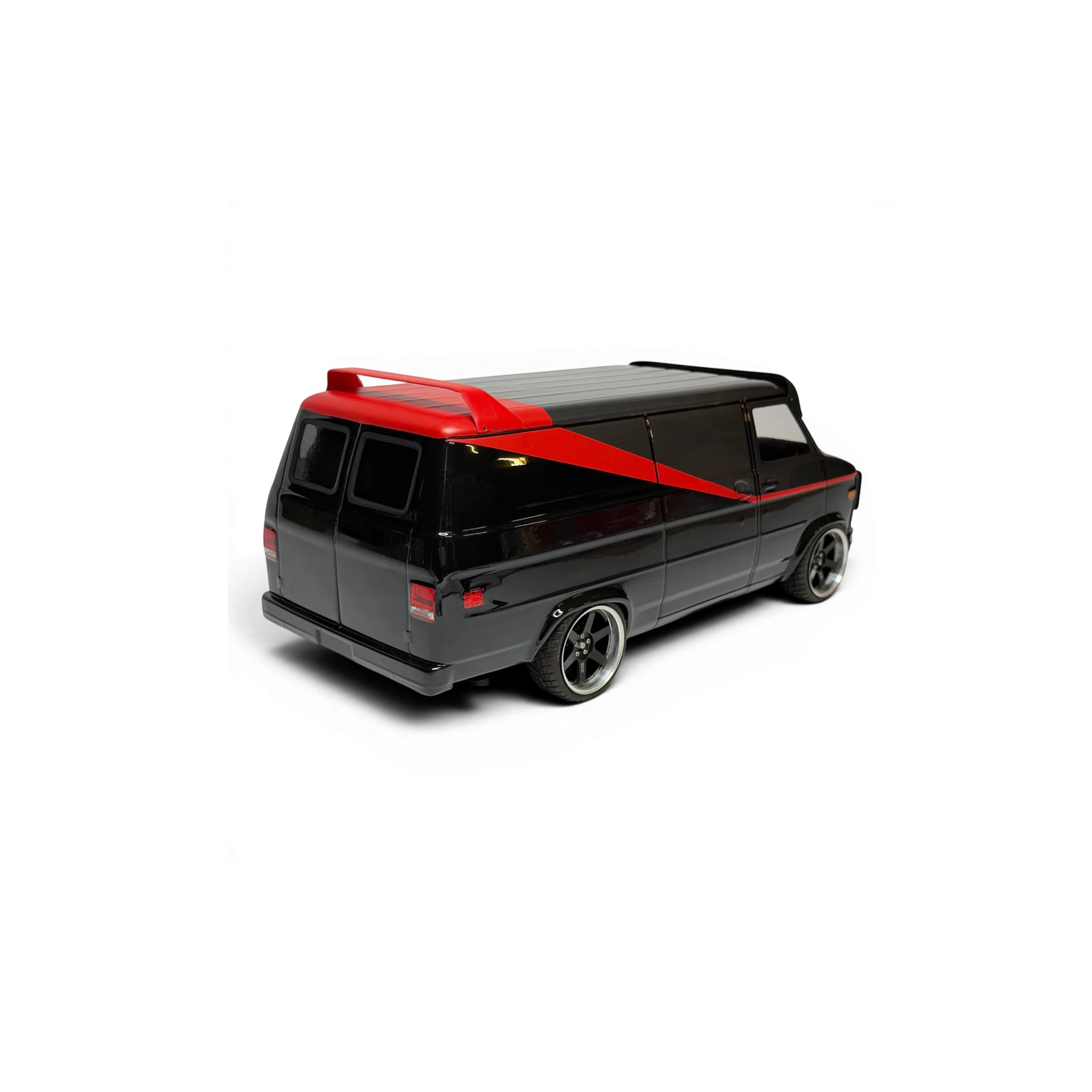 Kit carrosserie DriftParadiZ pour van RC GMC Vandura 1983 noir avec spoiler rouge et détails custom rétro