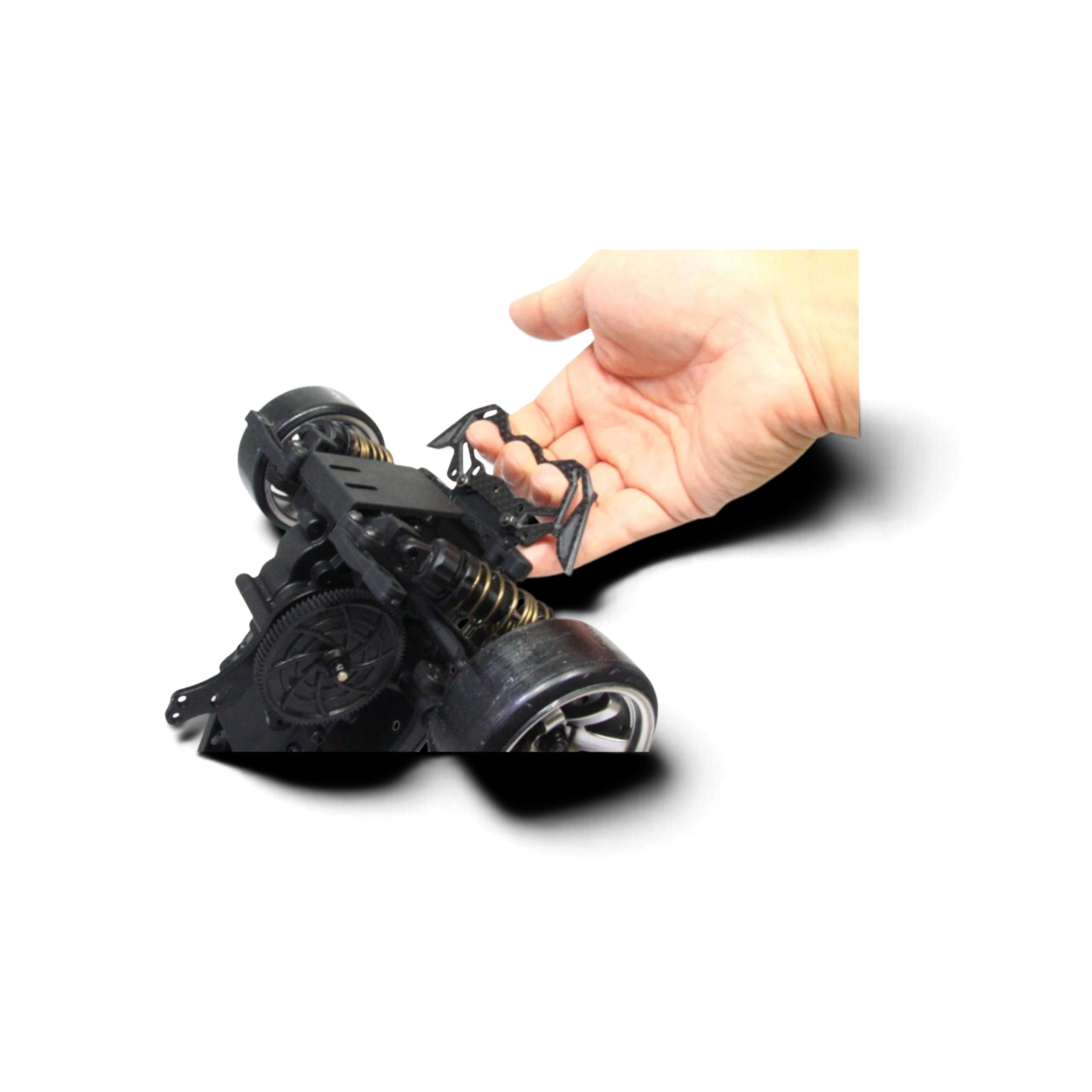 Pare-chocs DriftParadiZ Hikotech en carbone brillant sans ailettes monté sur un châssis RC Drift avec poignée de transport