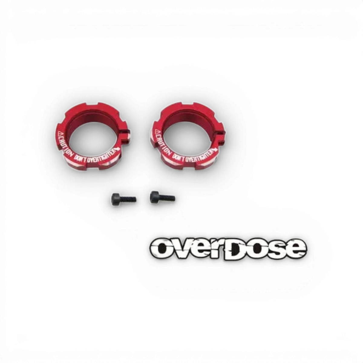 Deux écrous de réglage en aluminium pour amortisseur HG, pièces détachées de la marque Overdose, visibles sur l'image.