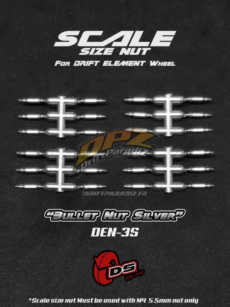 Goujons factices "Bullet" gris pour jantes DS Racing, roues de véhicule de drift, fixation robuste et esthétique.