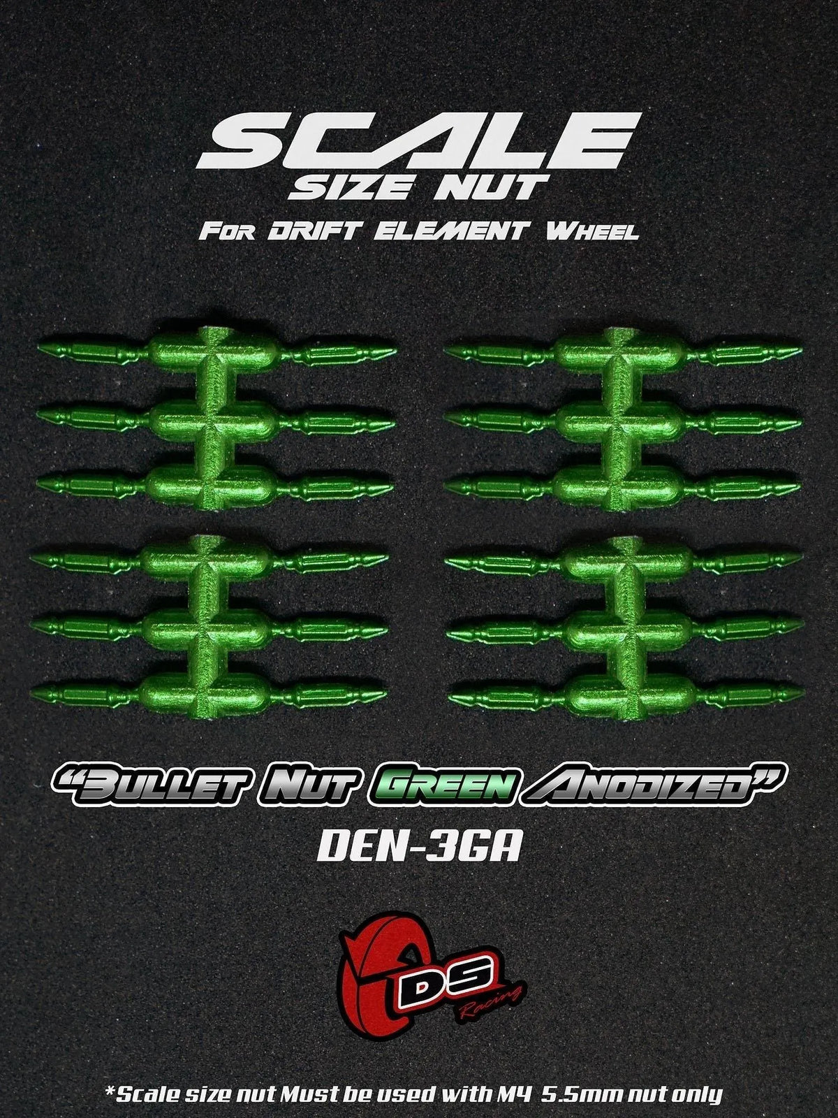 Goujons faux "Bullet" vert anodisé pour jantes DS Racing, roues de voiture, finition brillante et design élégant.