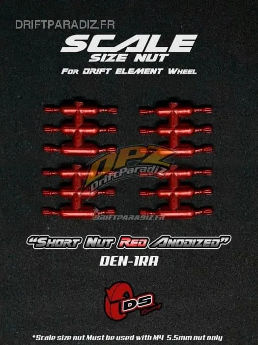 Goujons courts rouges anodisés DS Racing pour roues, design élégant et finition brillante pour jantes de voiture.