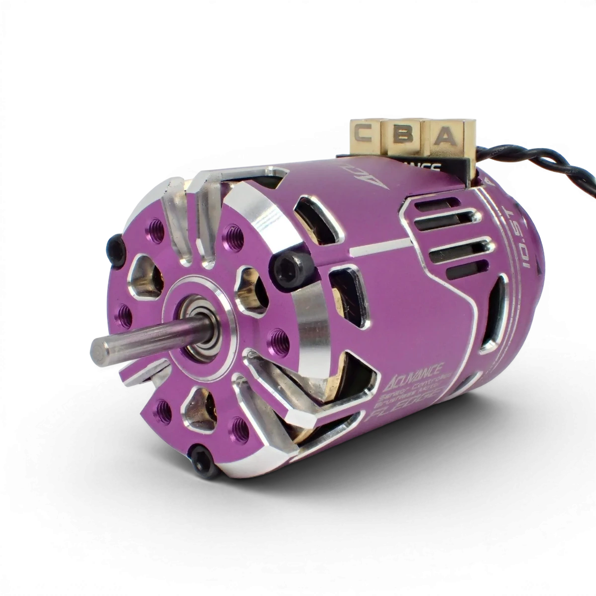 Ventilateur intégré Fledge 10.5T violet avec moteur brushless, électronique, de la marque Acuvance, vue de face.