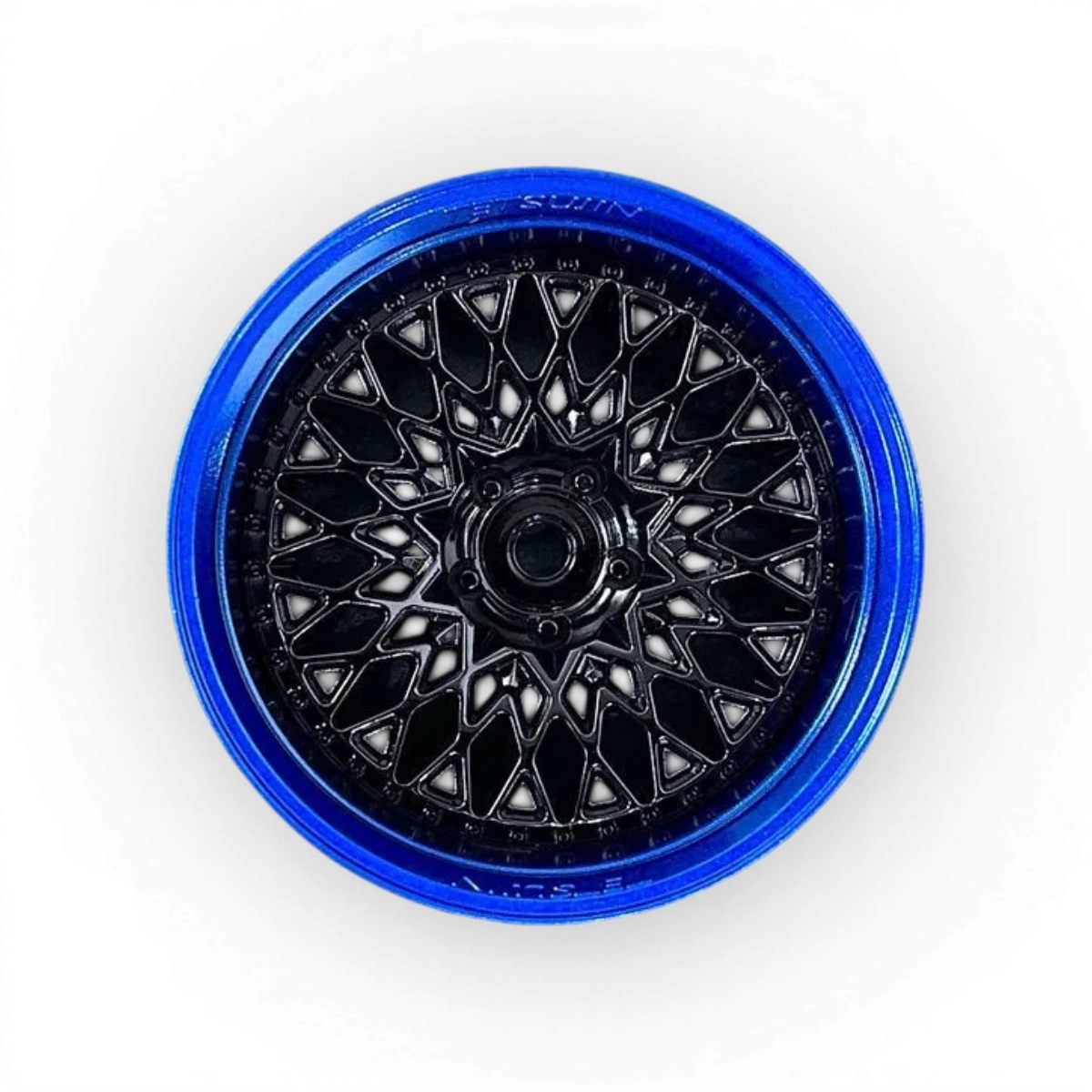 Roues Tetsujin GranSeeker bleu métallique et noir brillant, design élégant pour véhicules de drift, vue de face avec détails brillants