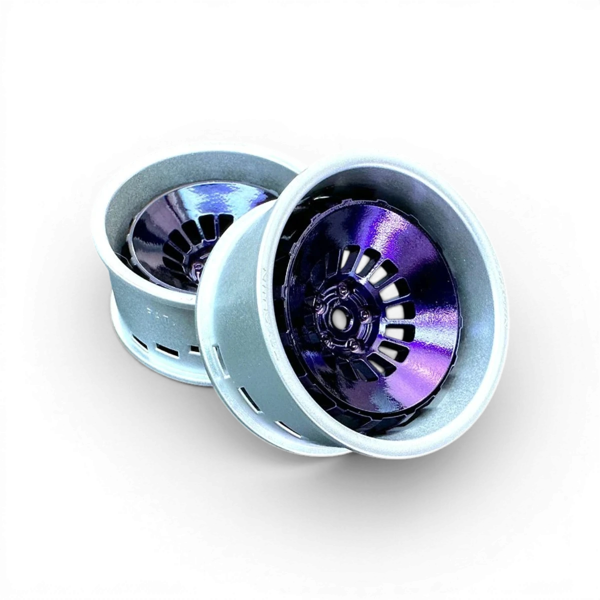 Roues Tetsujin en gris argent et violet chrome avec cercle et Bowler Centre, jeu de 2 pièces pour véhicule.