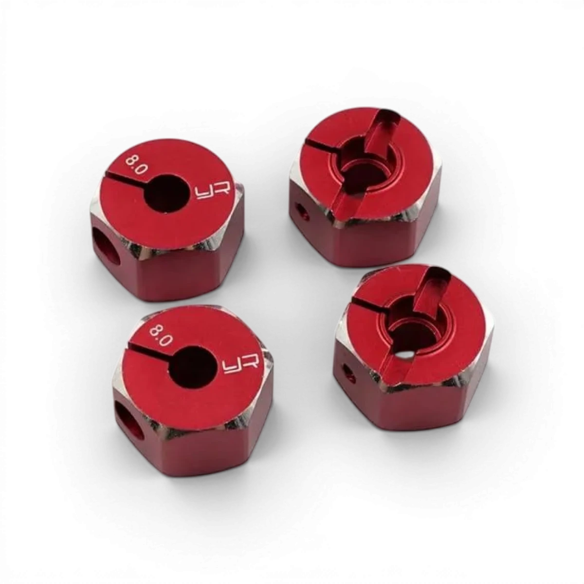 Hexagone en aluminium rouge 12x8mm de Yeah Racing, pièce pour modélisme ou RC, avec finition brillante visible dans l'image.
