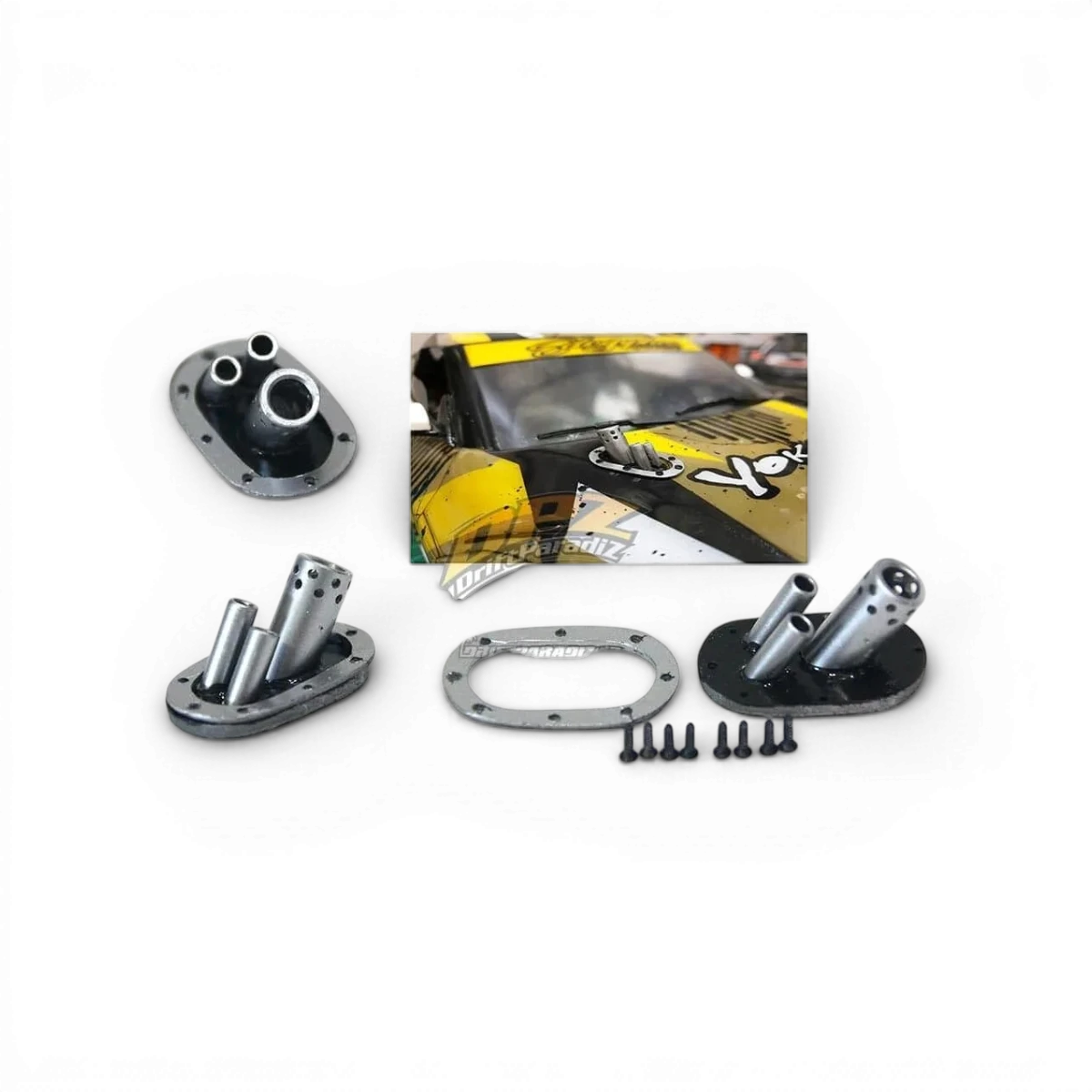 Échappement HP1 personnalisé de Src Sideways RC pour voiture RC de drift, vue latérale, finition noire et détails techniques visibles.
