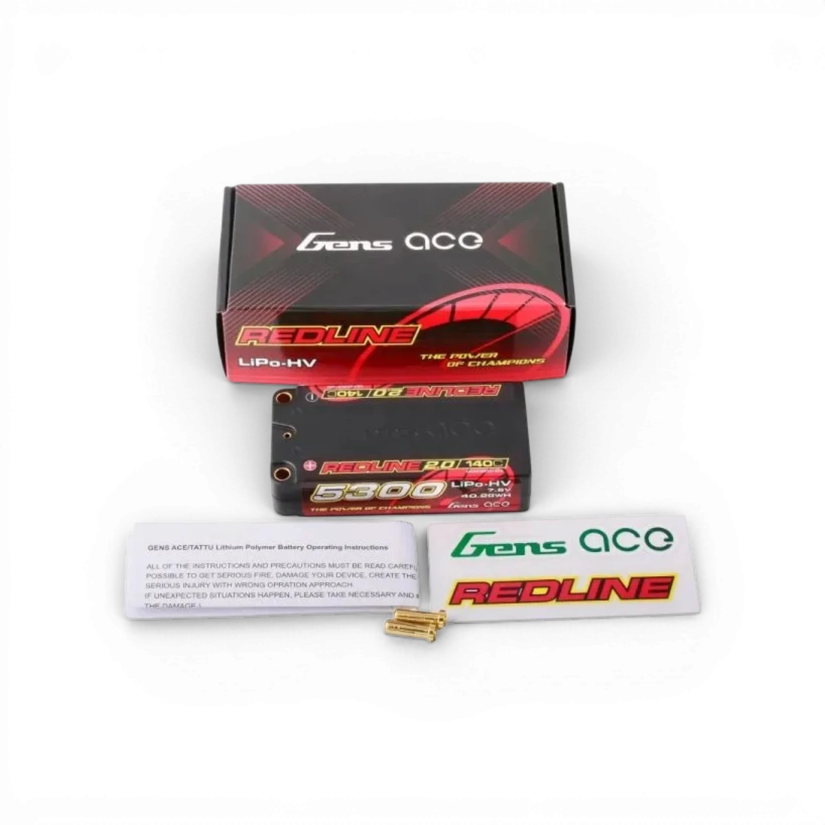 Batterie LiPo Gens Ace Redline 2.0 Shorty 2S HV 7,6V 140C 5300mAh pour drone ou RC, vue de face.