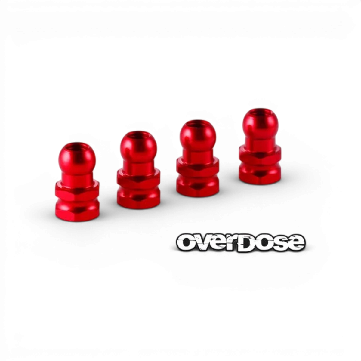 Rotules en aluminium rouge pour amortisseur Overdose, pièce détachée mécanique, visible avec détails colorés et fixation robuste.