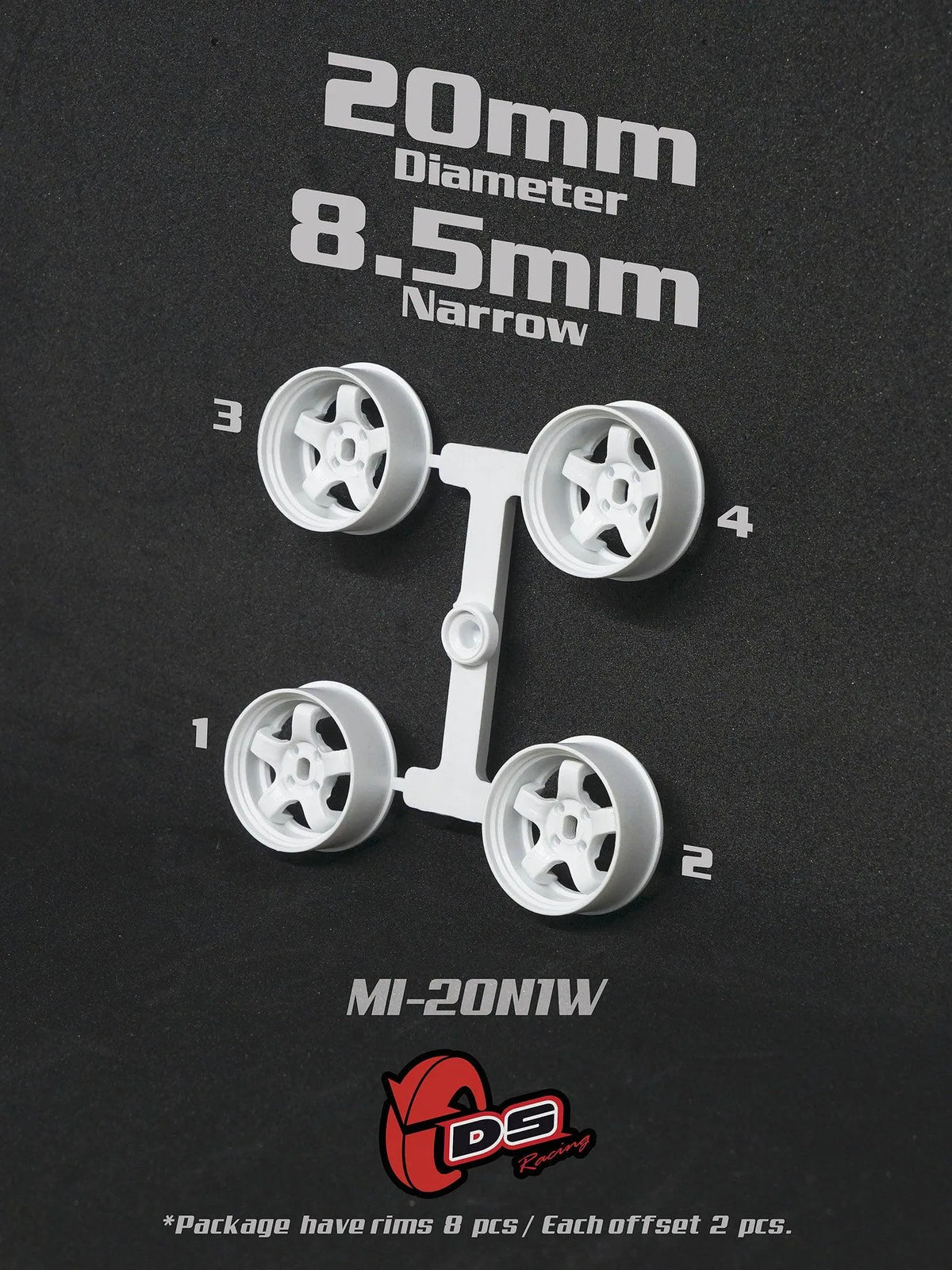 Jantes blanches Mini Z N de 20mm et 8,5mm de DS Racing, roues pour voiture RC, visibles en gros plan.