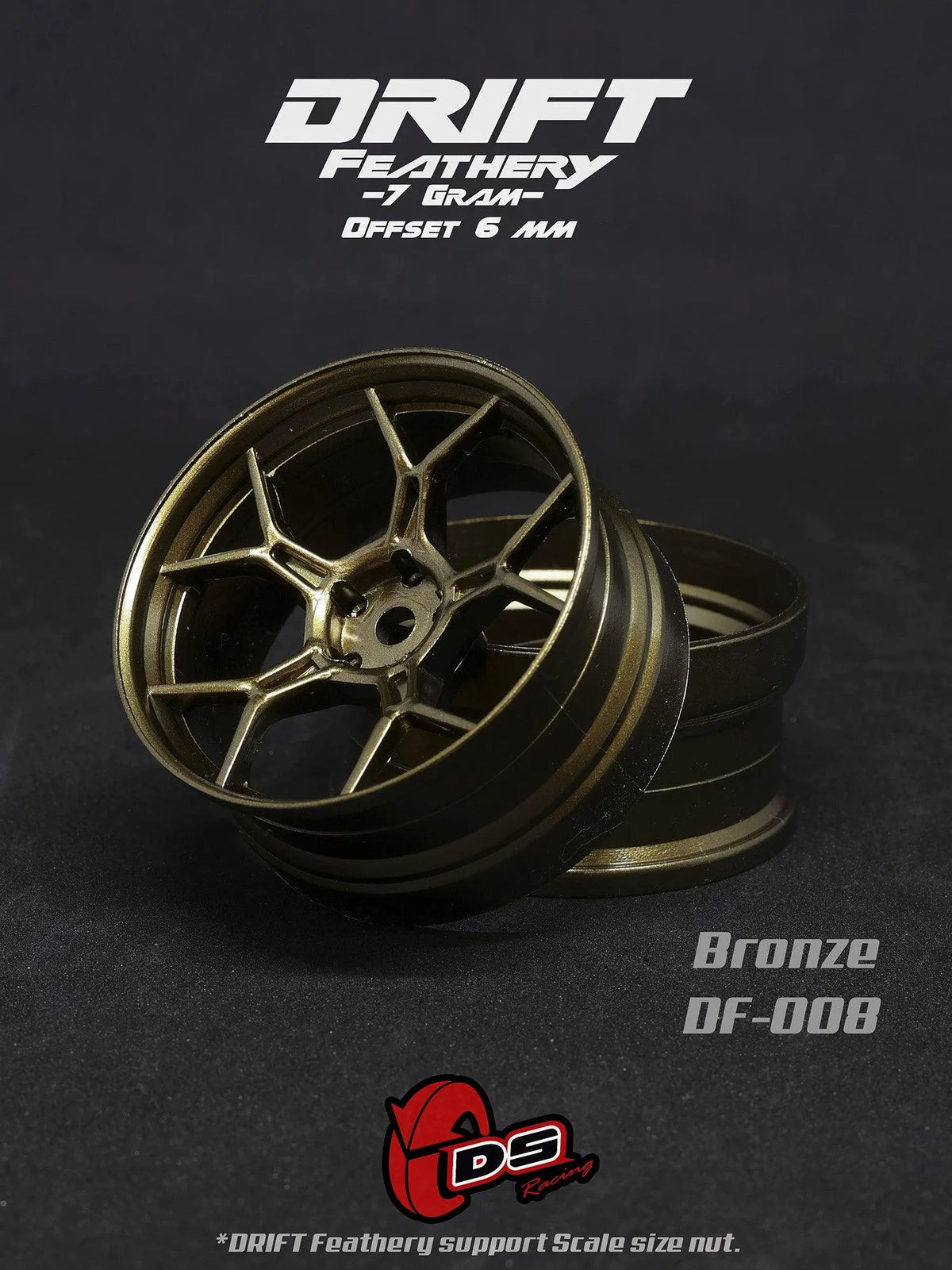 Jantes drift Feathery bronze DS Racing, 2 pièces, roues légères avec décalage +6mm pour voiture RC.