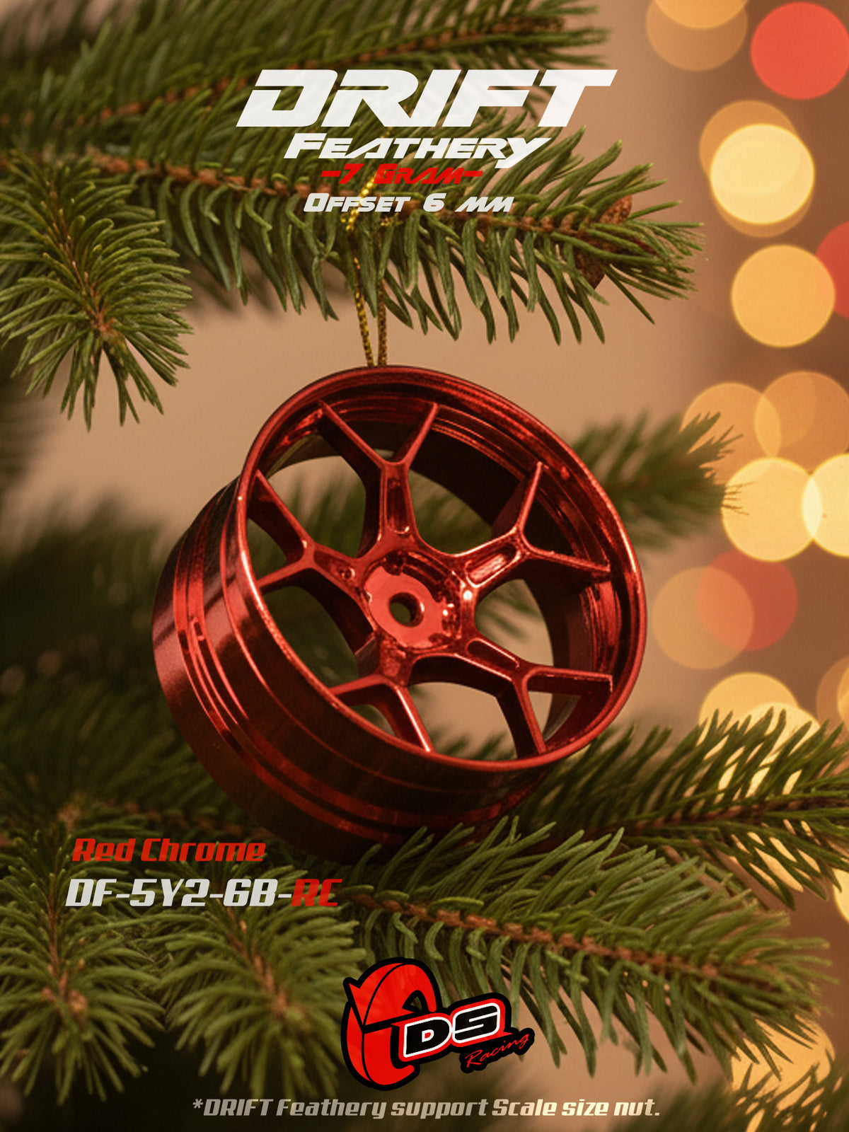 Jantes drift Feathery DS Racing, 2 pièces, chrome rouge, avec épaisseur de +6mm, pour véhicules RC.