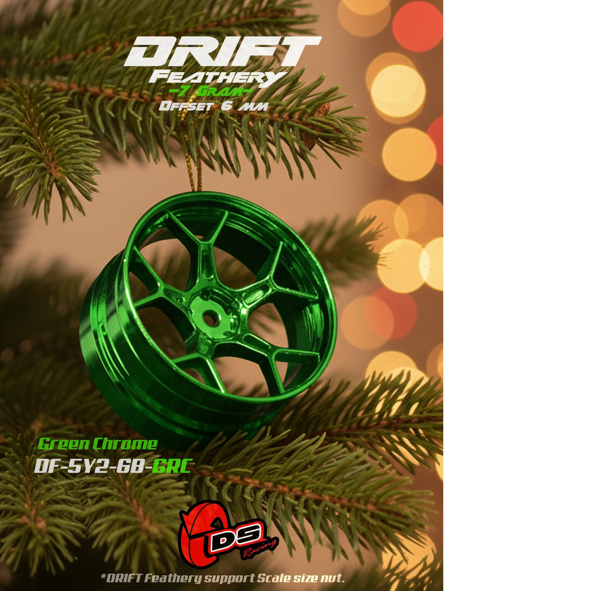 Jantes drift Feathery DS Racing en chrome vert, 2 pièces, avec décalage de +6mm, pour voitures RC.