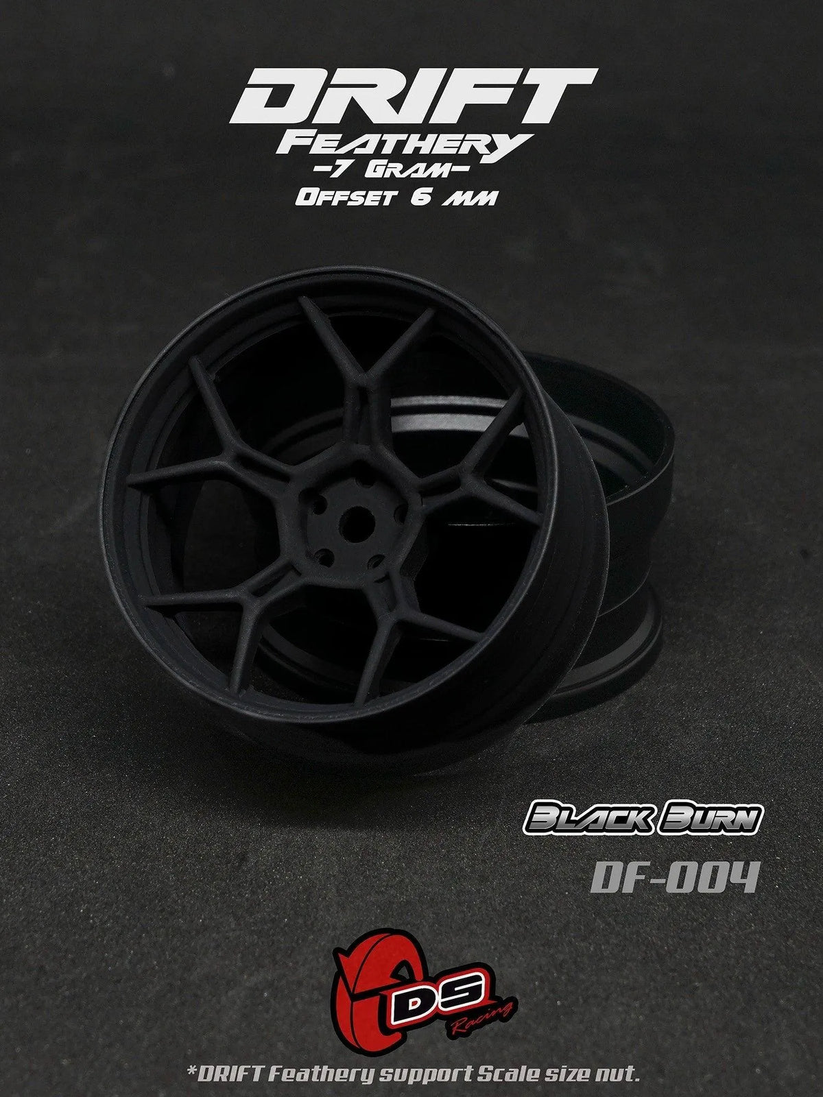 Jantes drift Feathery noires mates pour voitures RC, ensemble de 2, avec décalage de +6mm, marque DS Racing.