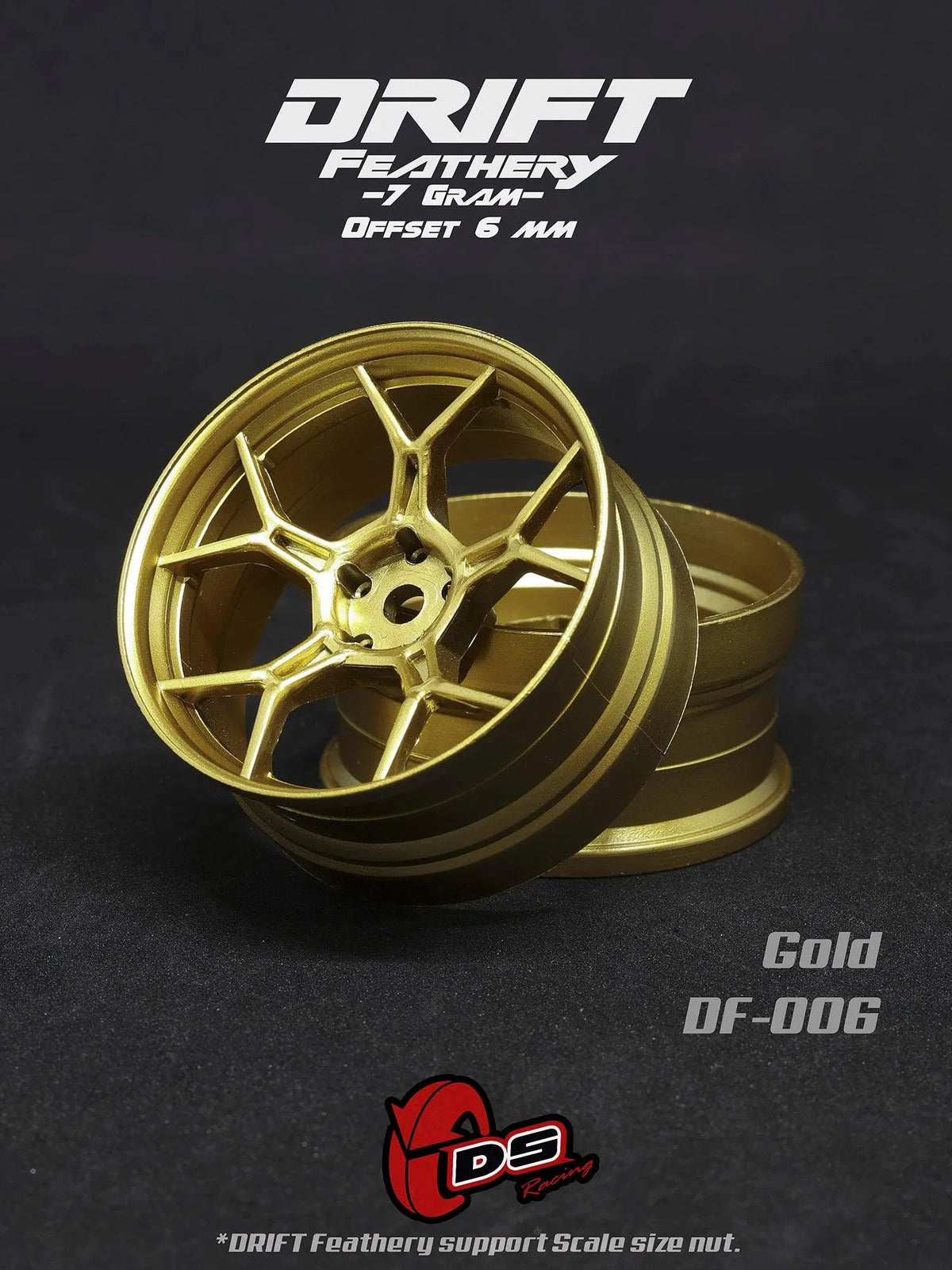 Deux jantes drift Feathery DS Racing or avec fixation de +6mm, roues de haute performance pour voiture RC en image.