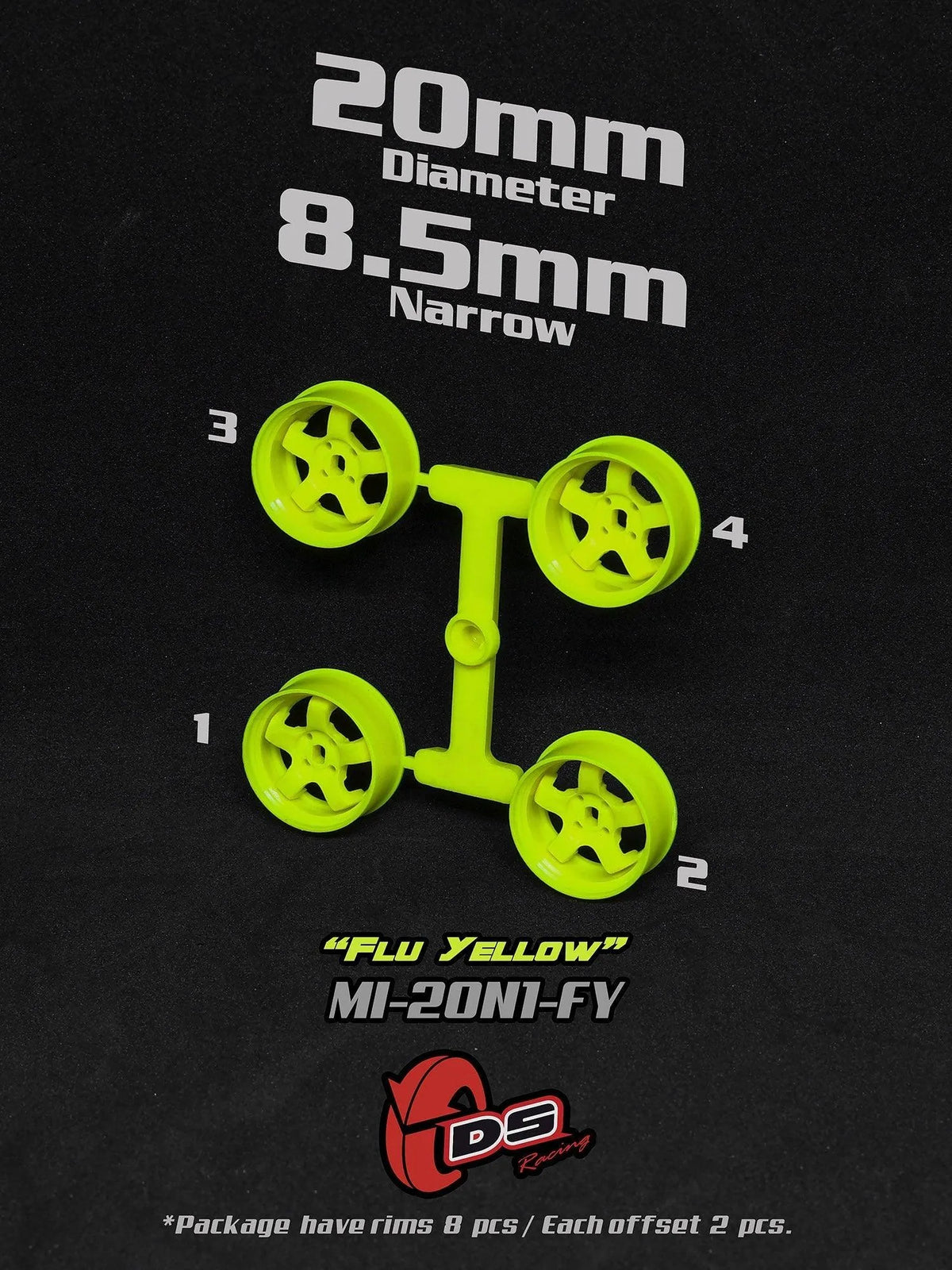 Jantes jaunes fluo Mini Z N de 20mm et 8,5mm de la marque DS Racing, roues pour voiture RC.