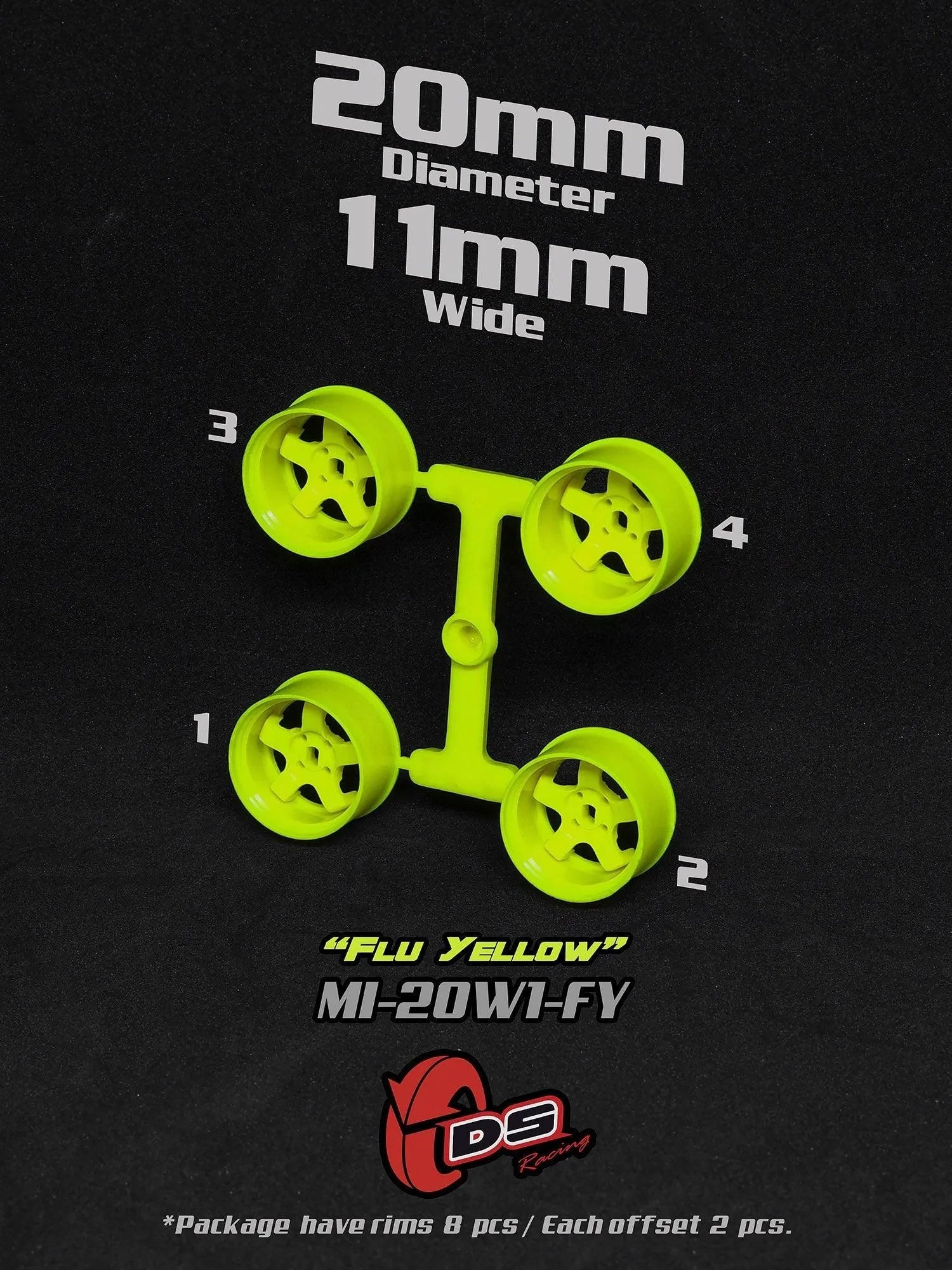 Jantes Jaune Fluo Mini Z W - 20mm - 11mm - Ds racing - DriftParadiZ