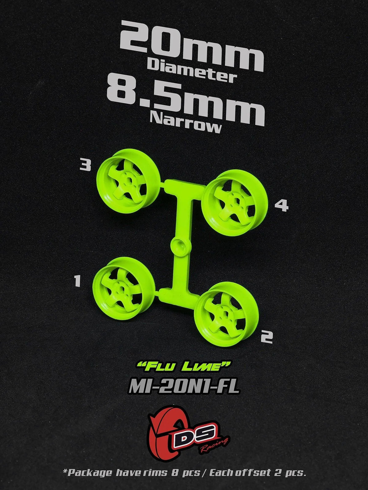 Jantes Lime citron vert DS Racing Mini Z N, 20mm diamètre, 8,5mm largeur, roues pour voiture miniature.