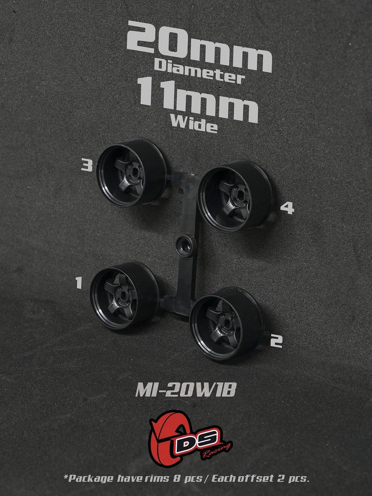 Jantes noires Mini Z W de 20mm et 11mm de DS Racing, vue détaillée avec finition en noir brillant.