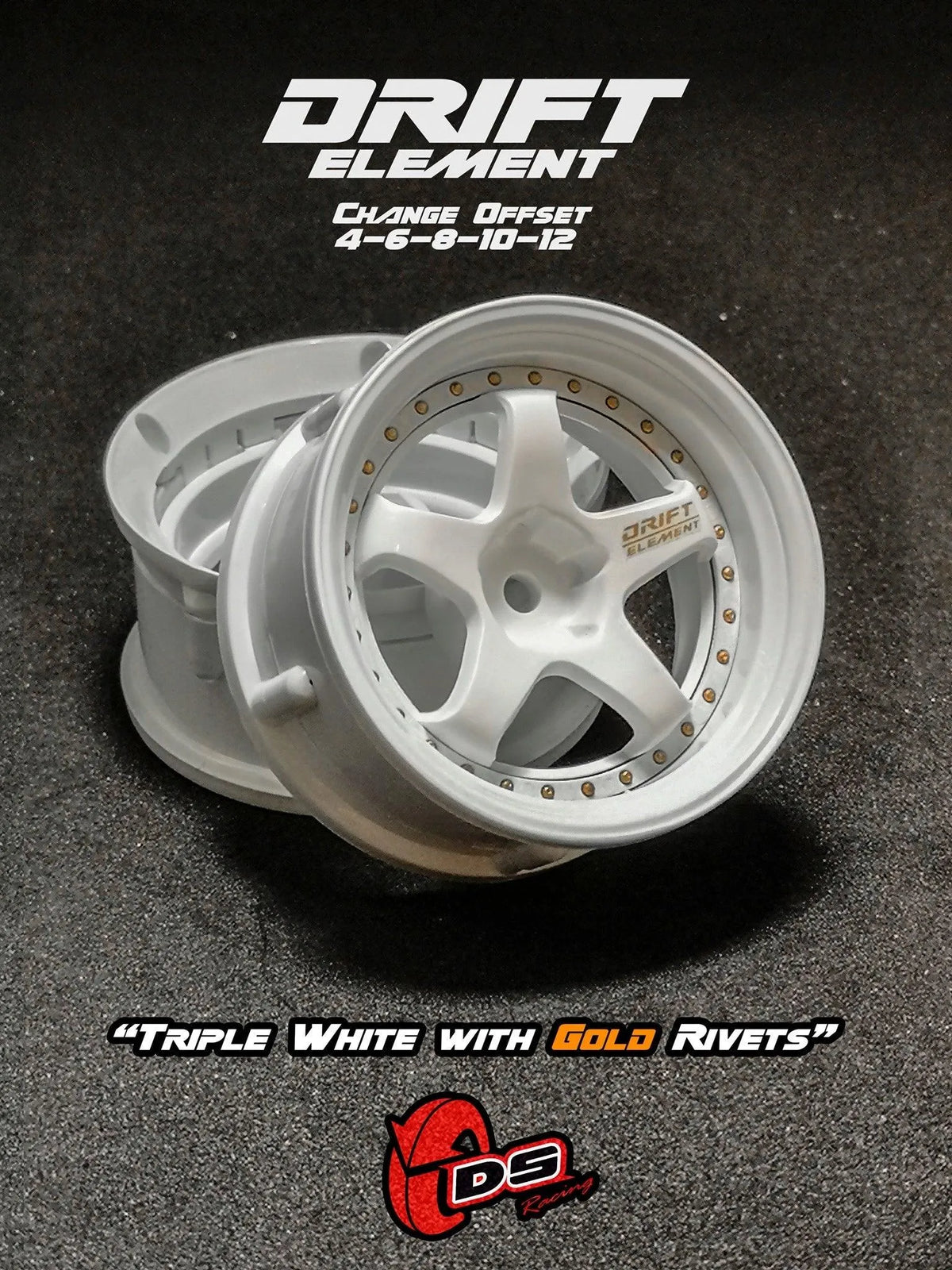 Jantes réglables Drift Element blanches avec visserie dorée, roues de course pour voitures RC DS Racing.