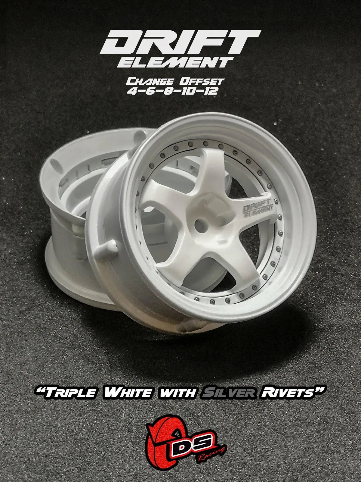 Jantes réglables Drift Element blanches avec visserie argentée par DS Racing, roues pour voiture de drift.