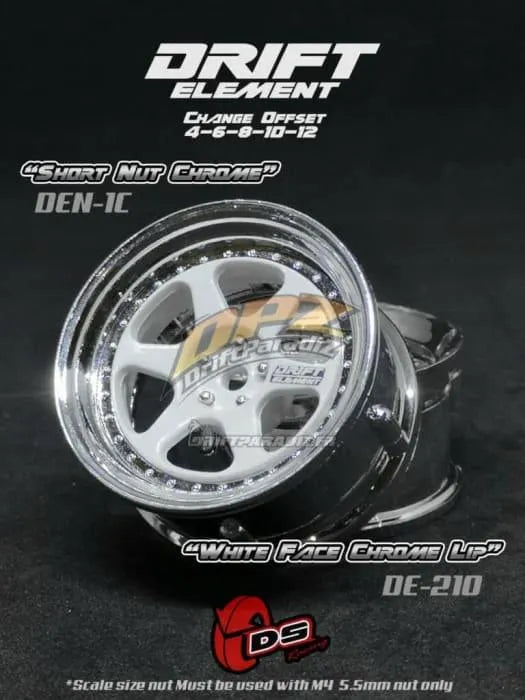 Jantes réglables DS Racing Drift Element II blanches avec accents chromés et visserie chromée, conçues pour véhicules de drift.