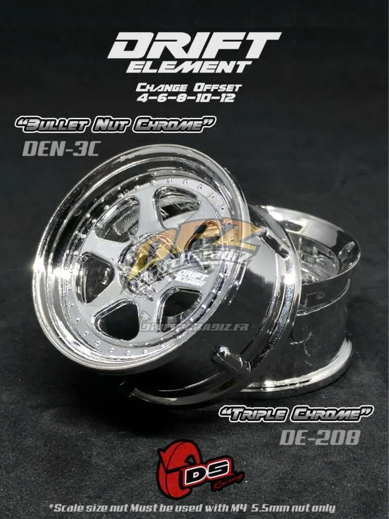 Jantes réglables DS Racing Drift Element II en chrome avec visserie chromée, pour voitures de drift.