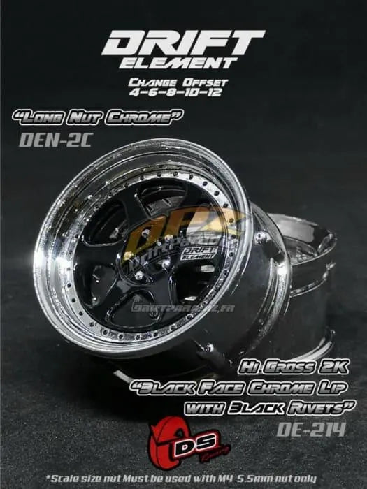 Jantes réglables Drift Element II en noir et chromes avec visserie noire, conçues pour voitures de drift DS Racing.