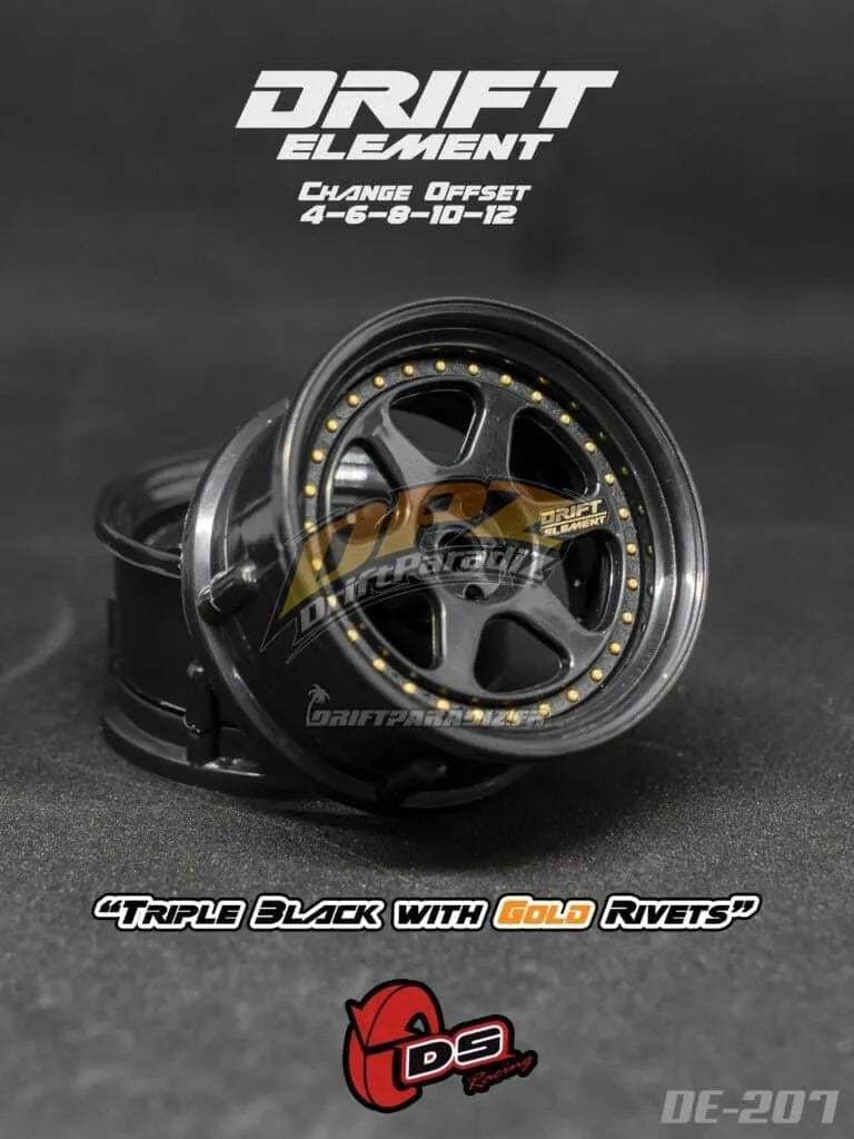 Jantes réglables Drift Element II noires avec visserie or, fabriquées par DS Racing, pour voitures de drift.