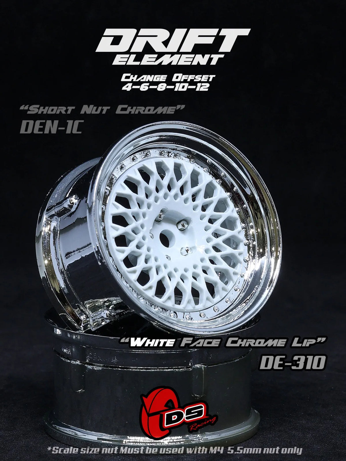 Jantes réglables DS Racing Drift Element Mesh blanches avec rivets chrome, roues de voiture de drift.