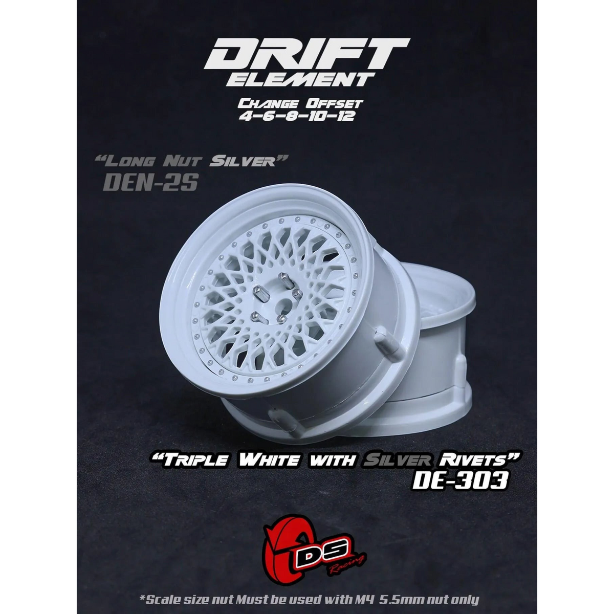 Jantes réglables Drift Element Mesh blanches avec rivets gris, roues de marque DS Racing pour voitures de drift.