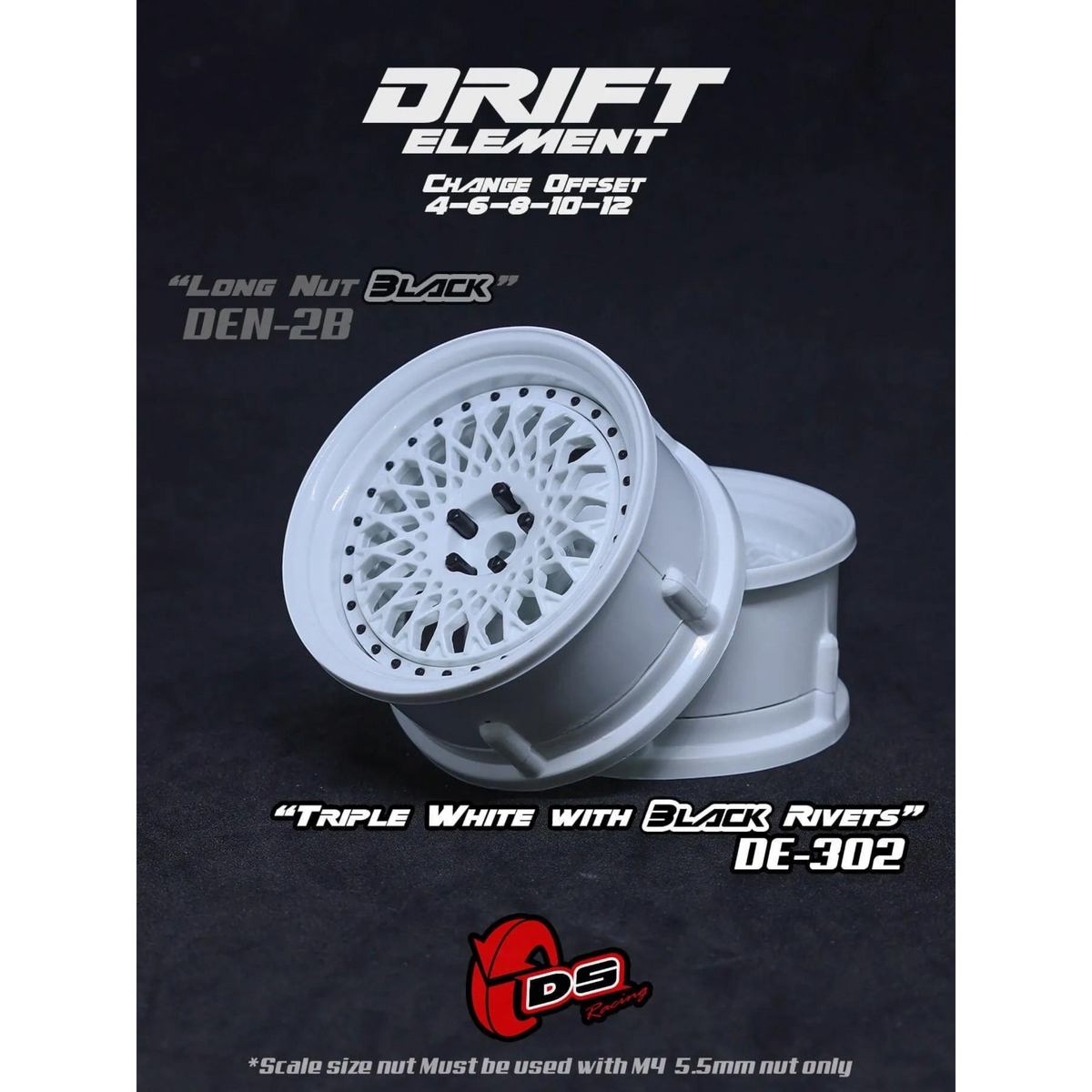 Jantes réglables Drift Element Mesh blanches avec rivets noirs, roues DS Racing pour voiture de drift.