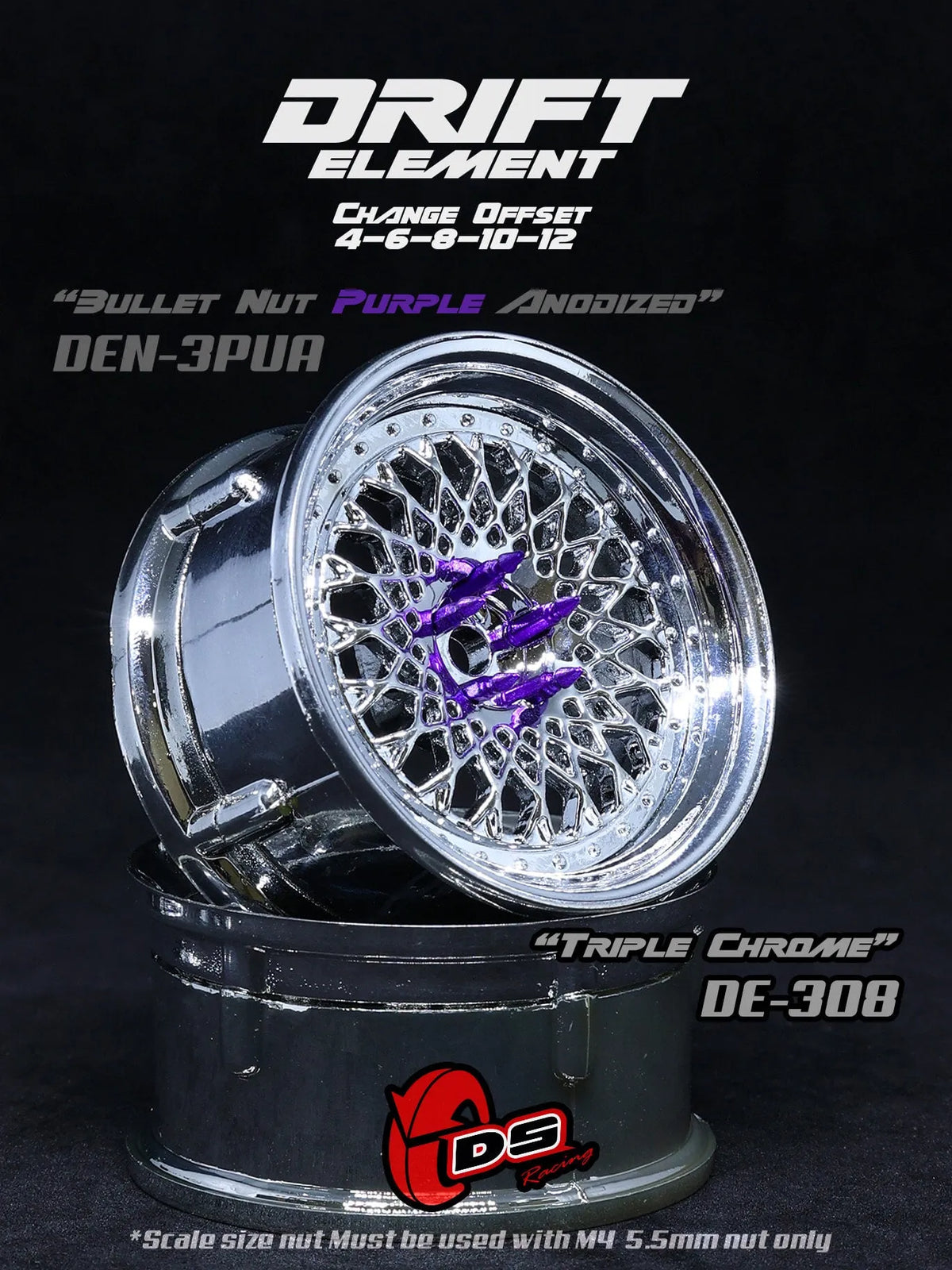 Jantes réglables Drift Element Mesh Chrome de DS Racing, roues en chrome avec design ajustable pour voitures de drift.