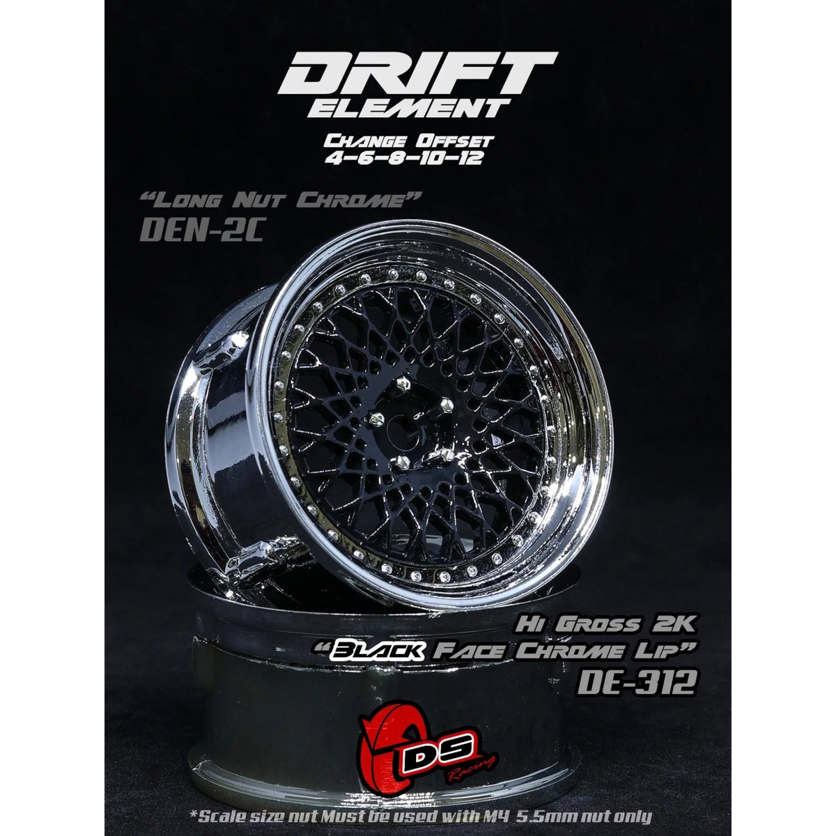 Jantes réglables Drift Element Mesh noires avec rivets chrome, conçues par DS Racing, pour voitures de drift.