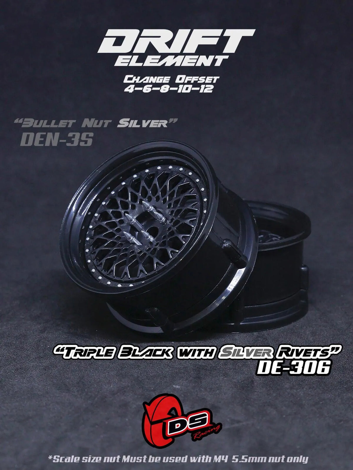 Jantes réglables Drift Element Mesh noires avec rivets gris, roues de haute performance de la marque DS Racing.