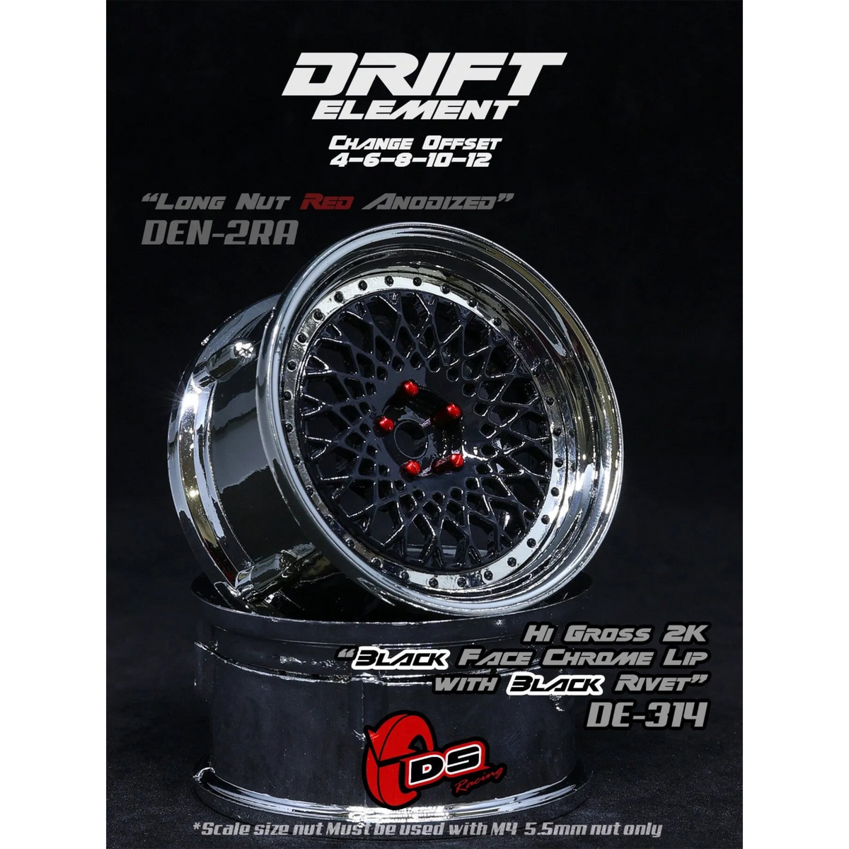 Jantes réglables DS Racing Drift Element Mesh noires avec rivets noirs, roues sport pour voiture de drift.